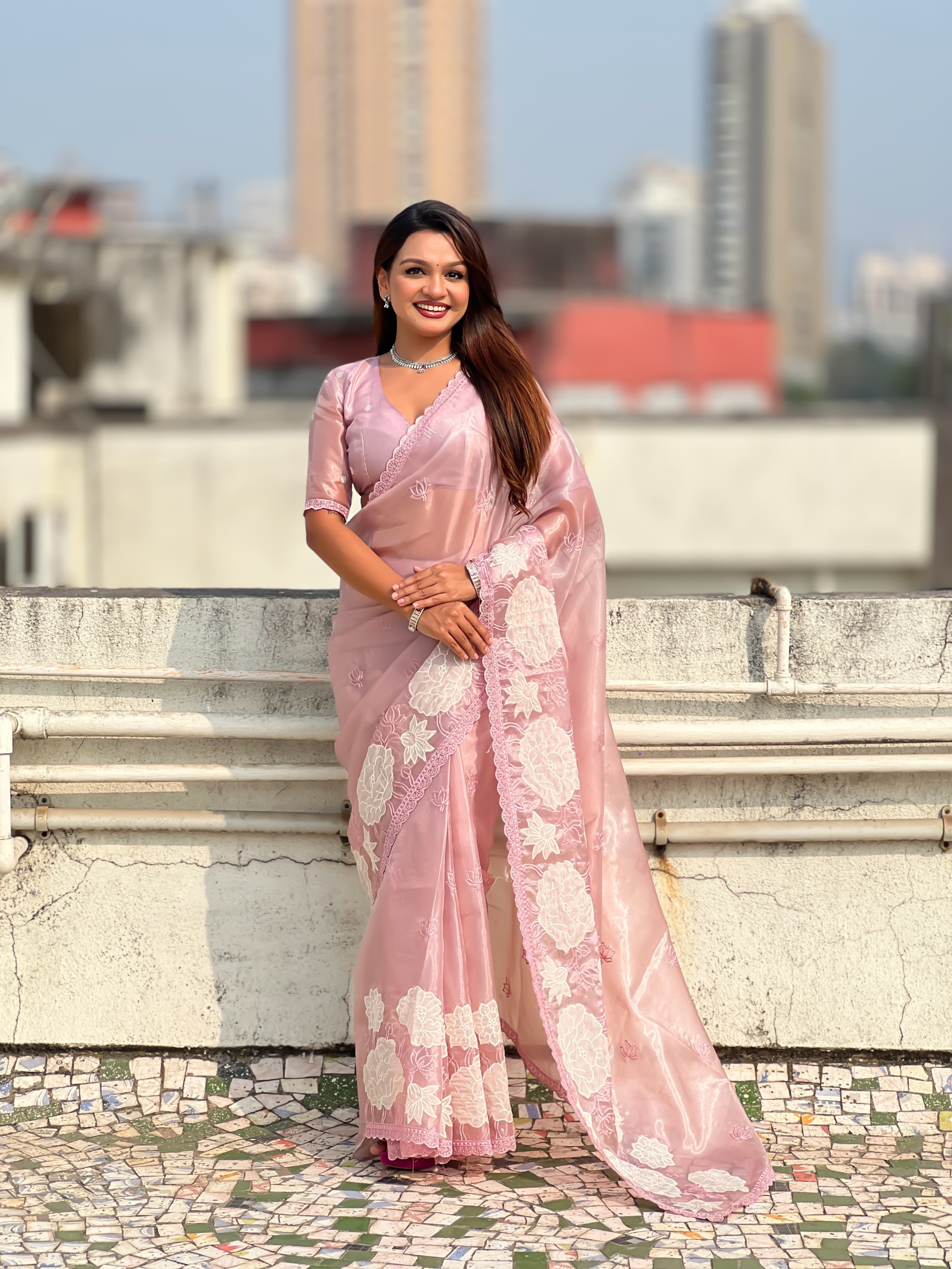 Pink Lotus Embroidery Oris Silk Saree
