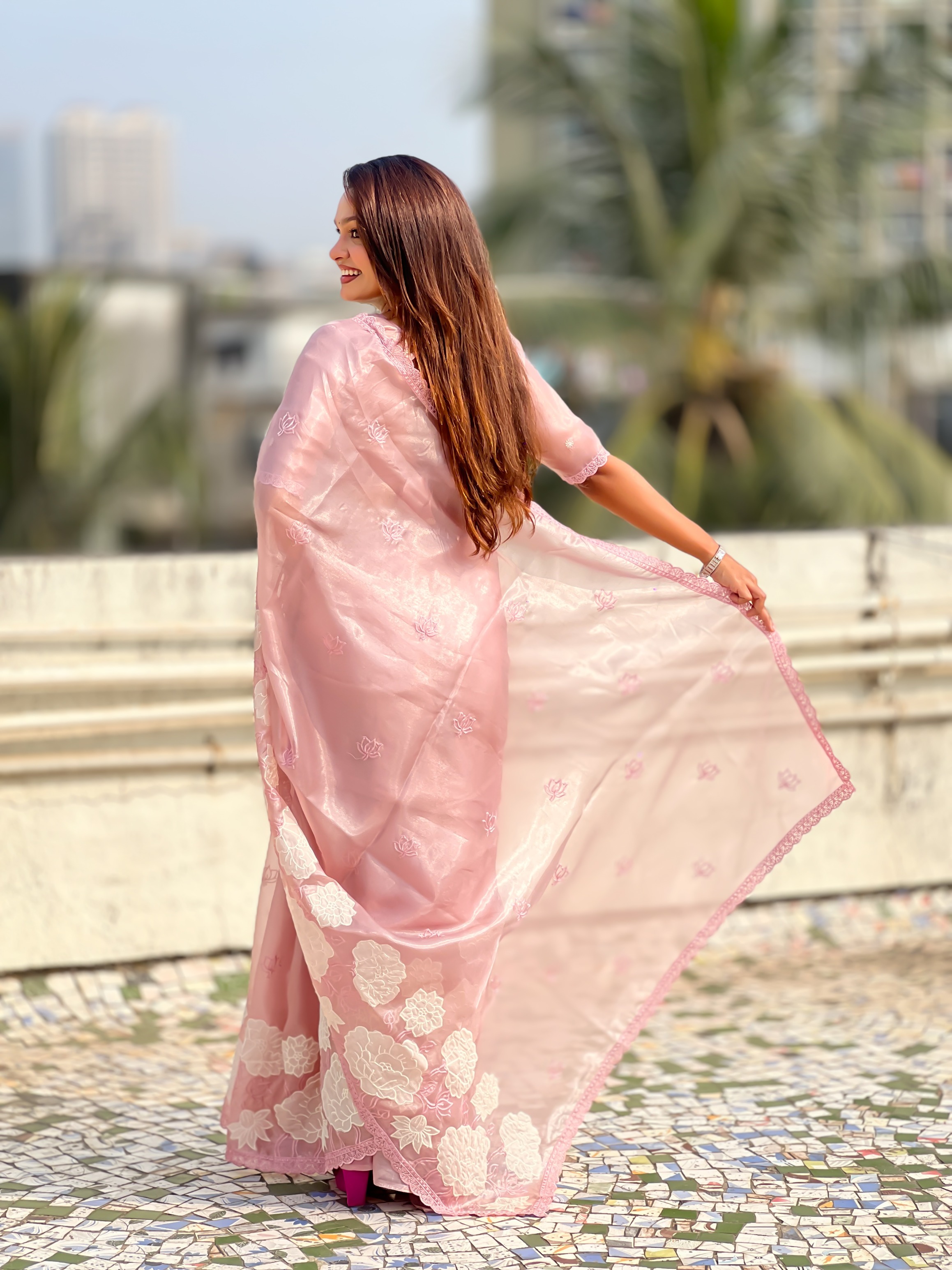 Pink Lotus Embroidery Oris Silk Saree — alternate view