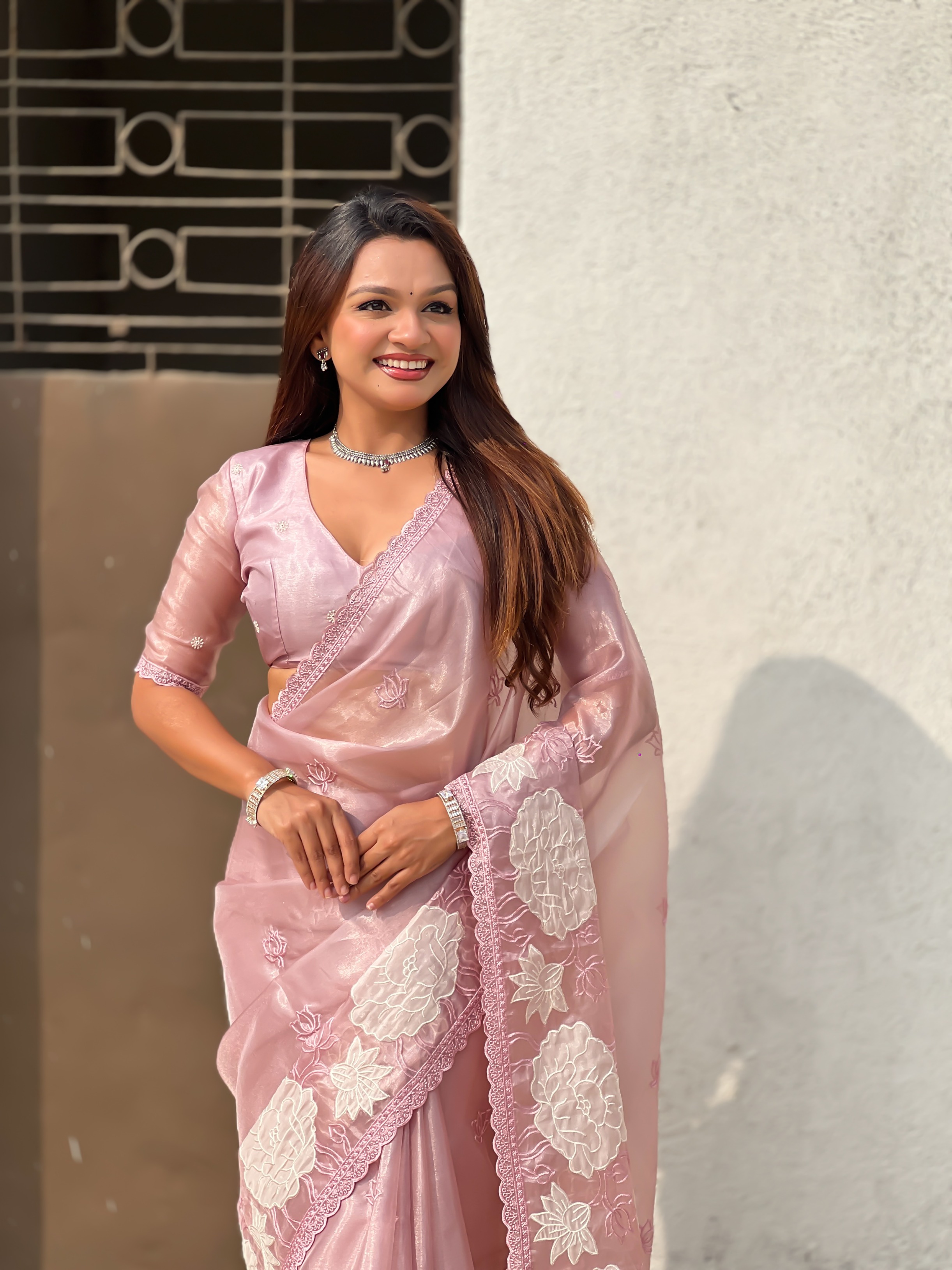 Pink Lotus Embroidery Oris Silk Saree