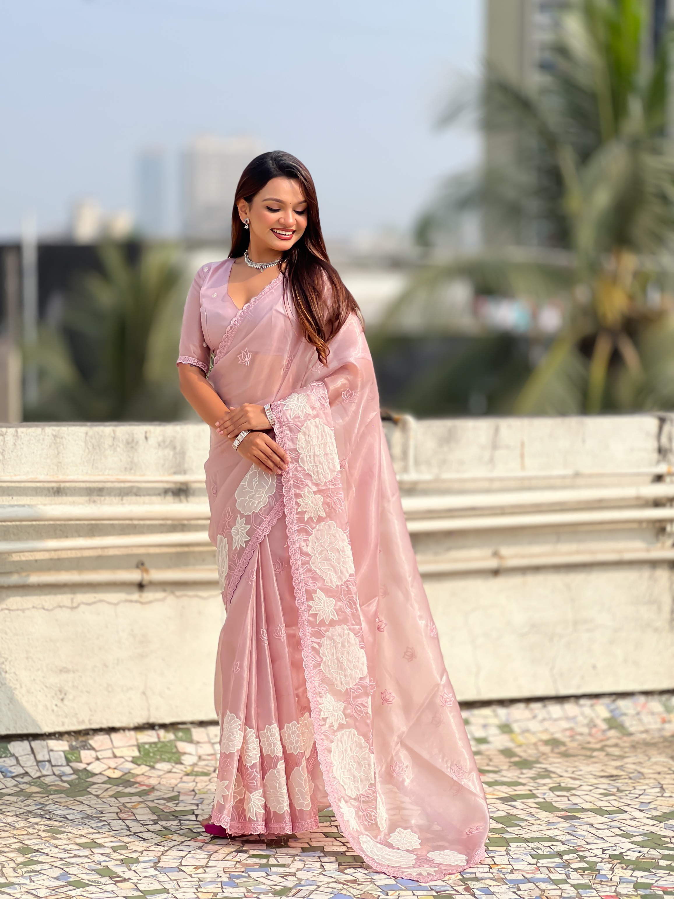 Pink Lotus Embroidery Oris Silk Saree