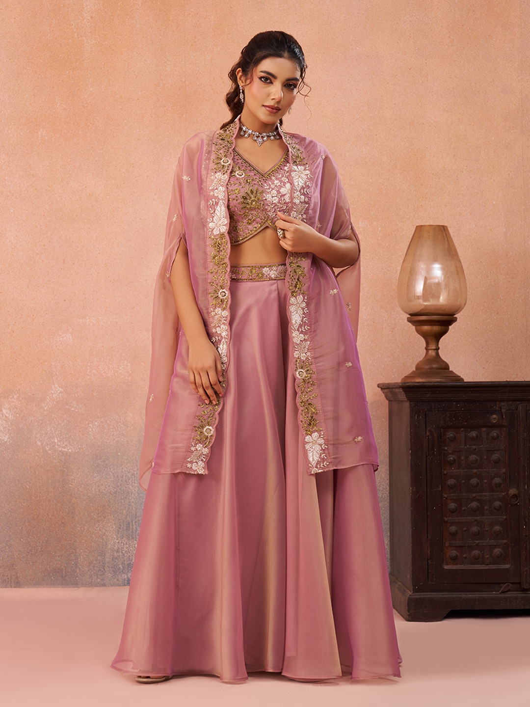 Pink Luxe Layered Embroidered Tissue Indo Western Set