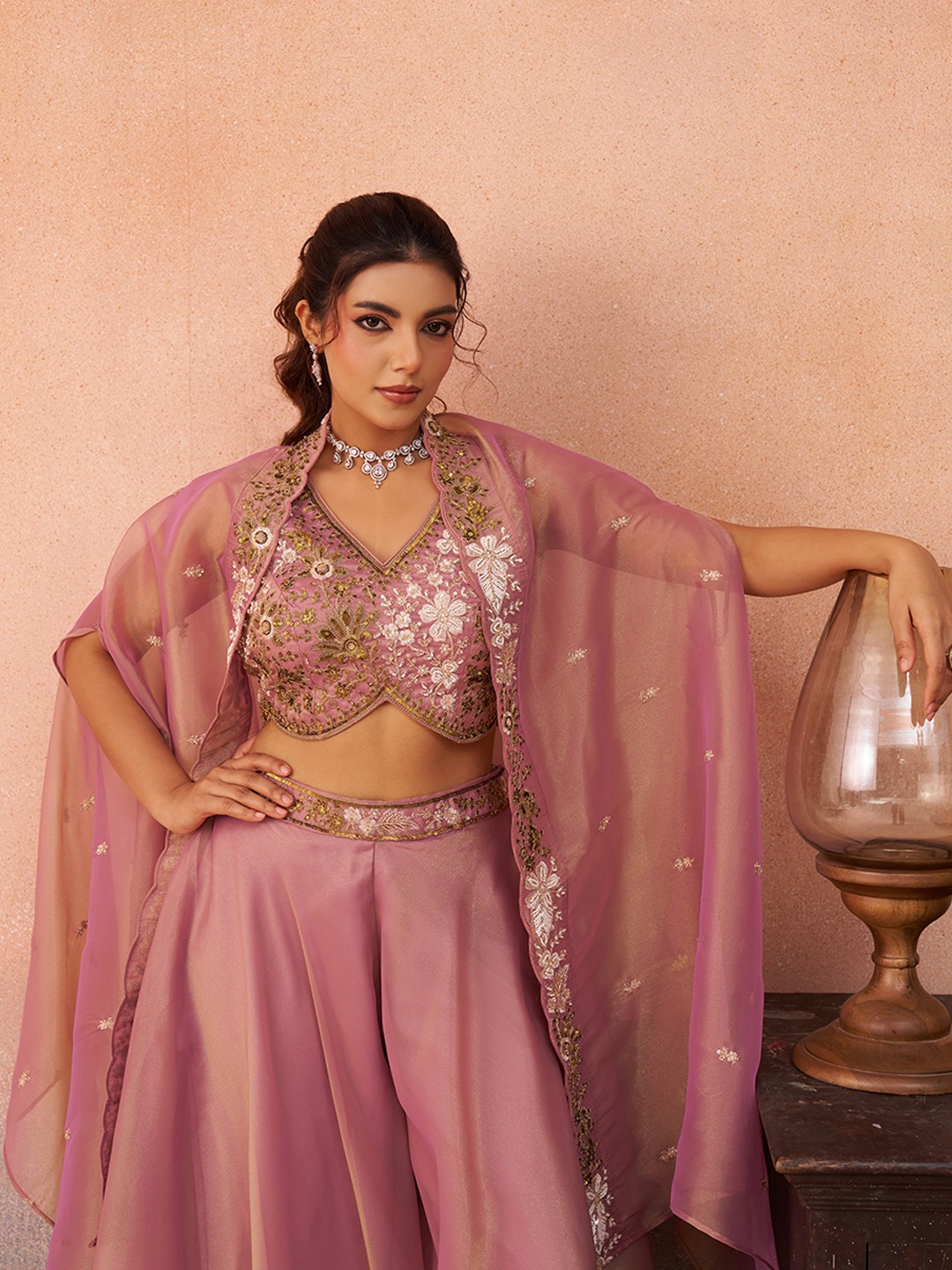 Pink Luxe Layered Embroidered Tissue Indo Western Set