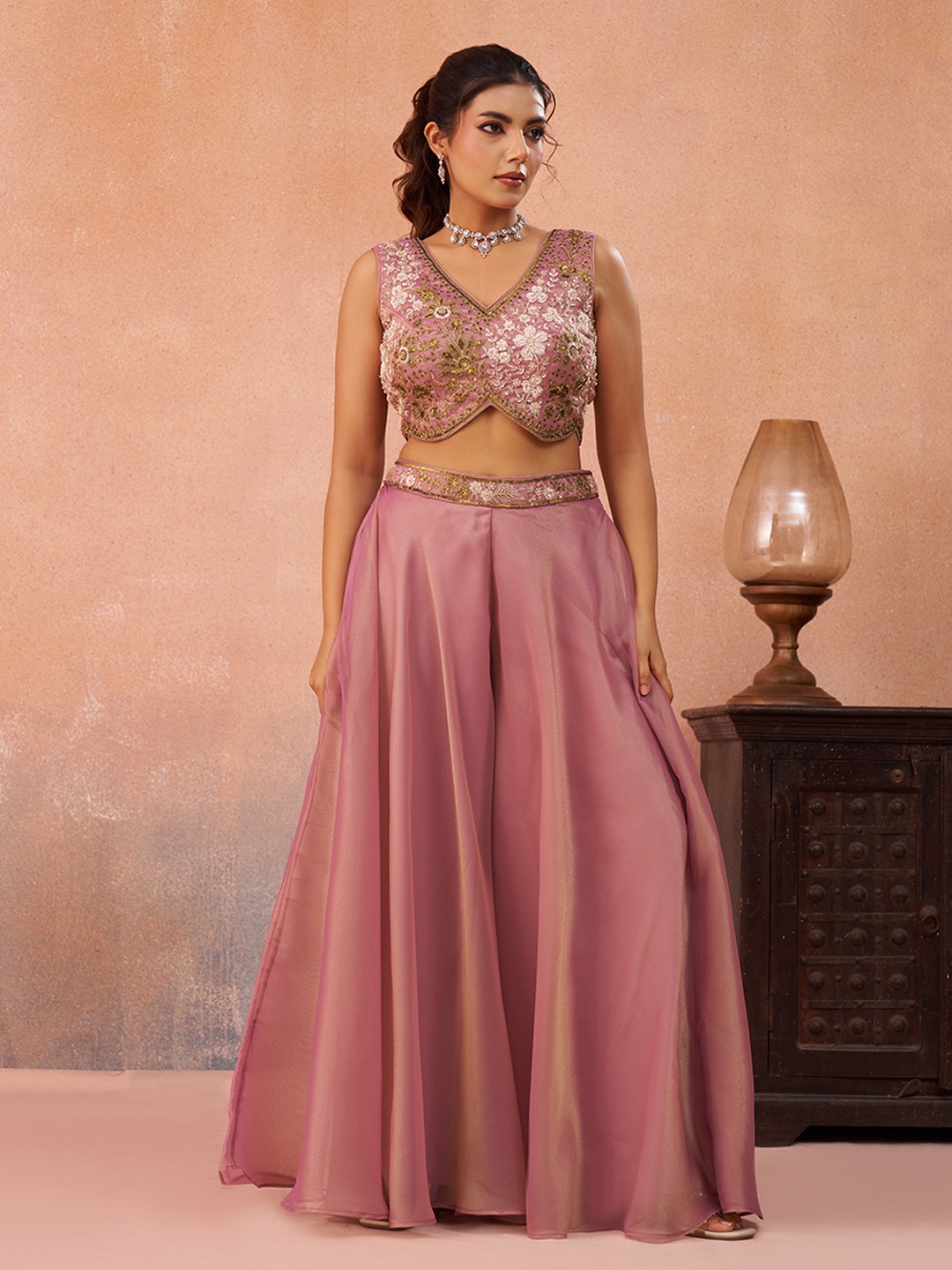 Pink Luxe Layered Embroidered Tissue Indo Western Set