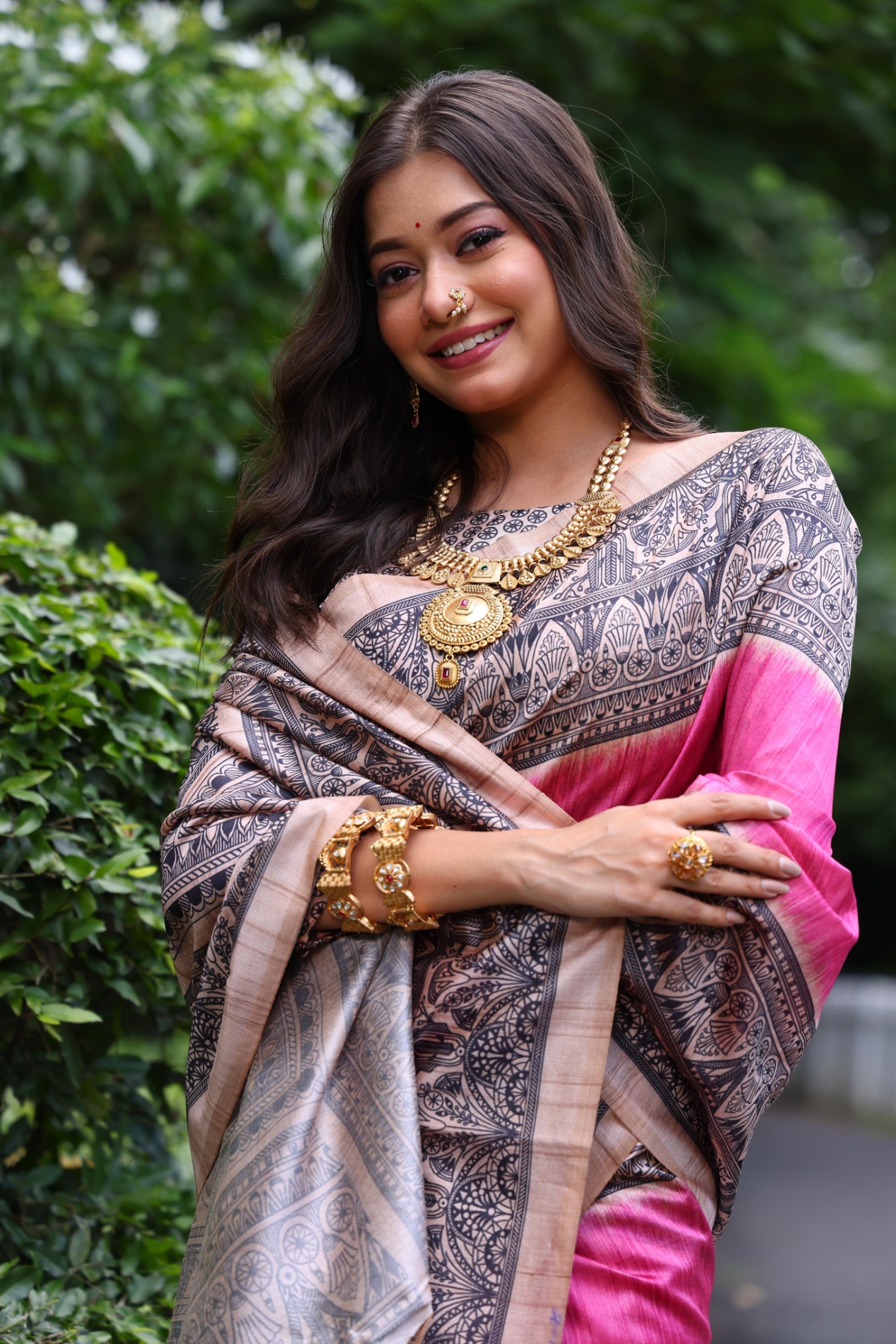 Pink Madhubani Printed Tussar Silk Saree — alternate view