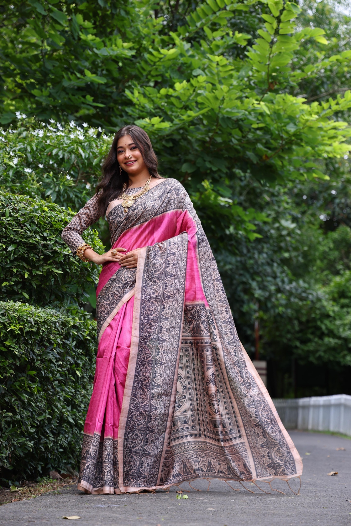 Pink Madhubani Printed Tussar Silk Saree