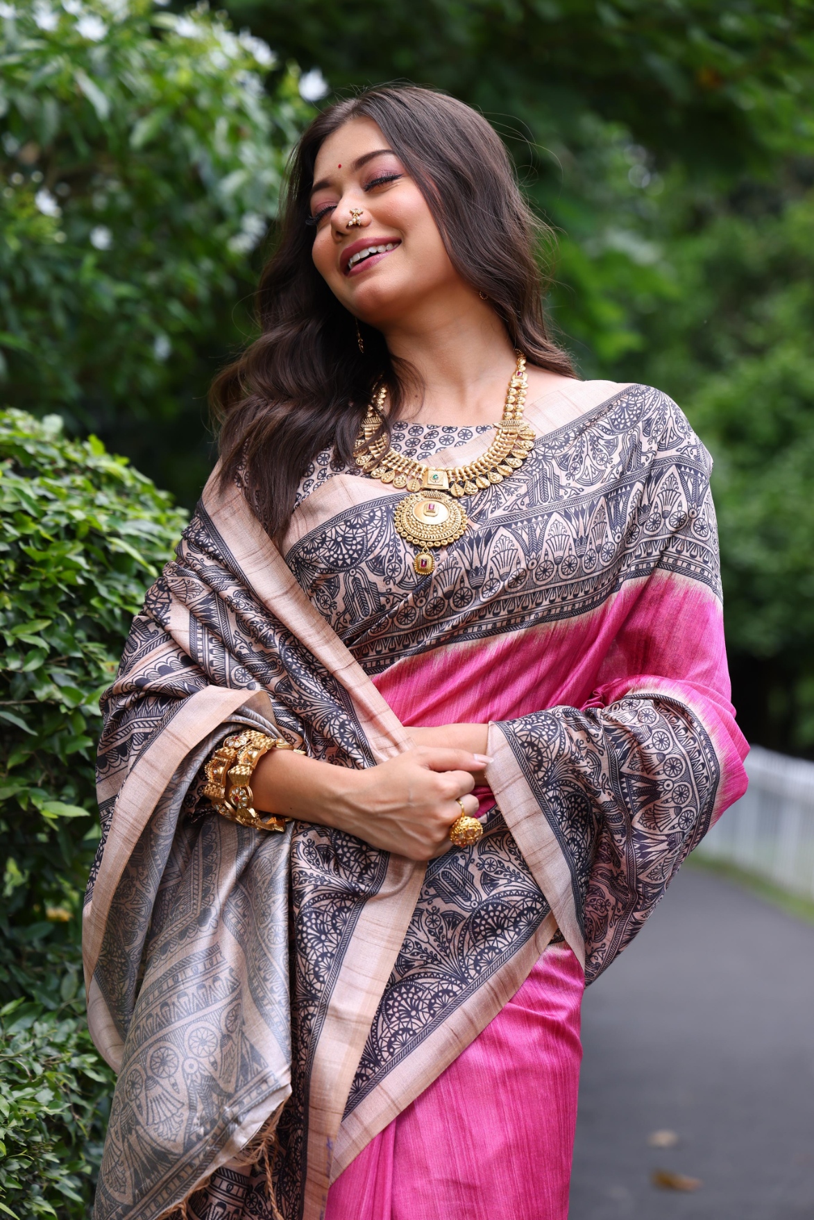 Pink Madhubani Printed Tussar Silk Saree