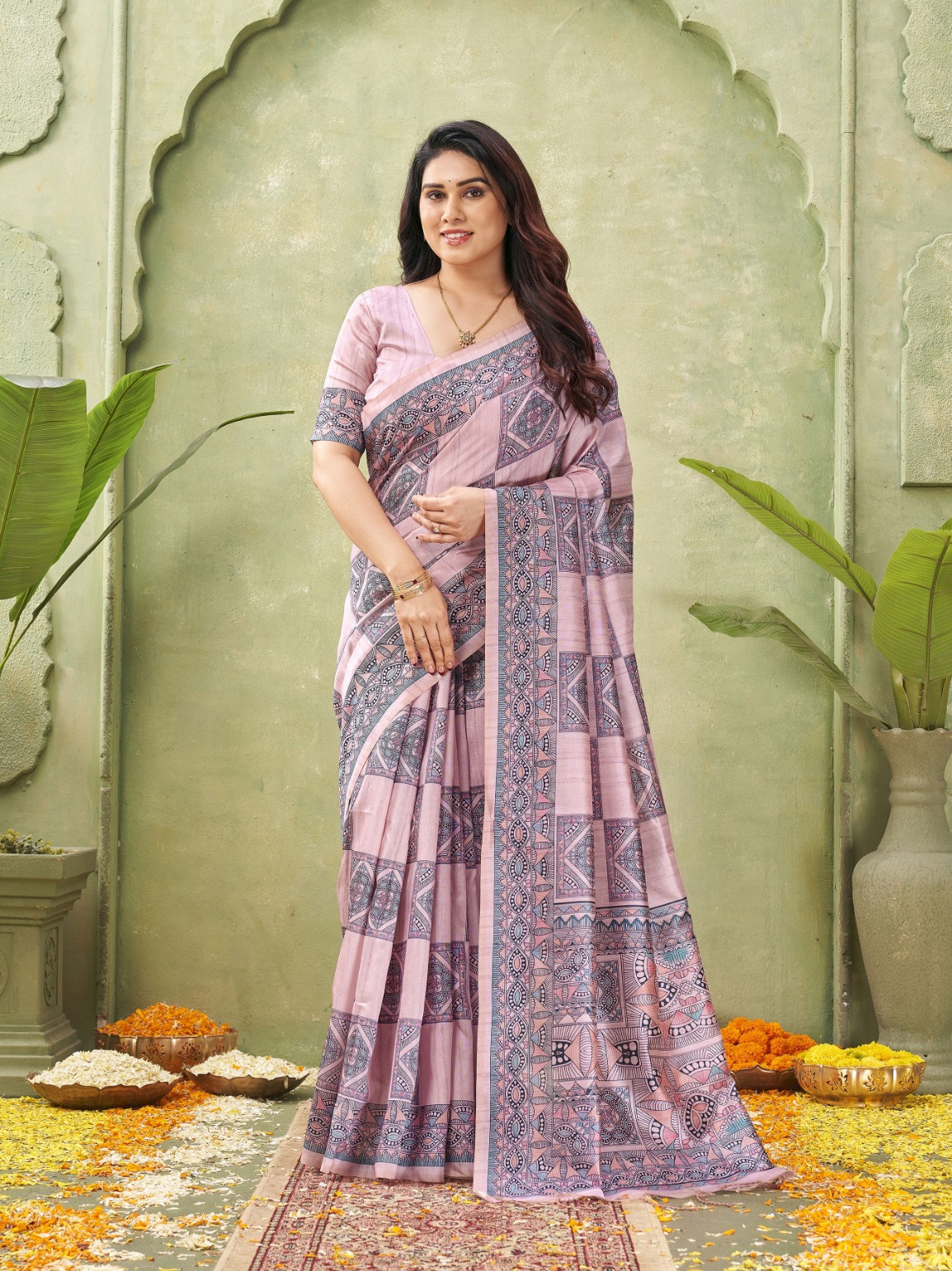 Pink Madhubani Printed Tussar Silk Saree