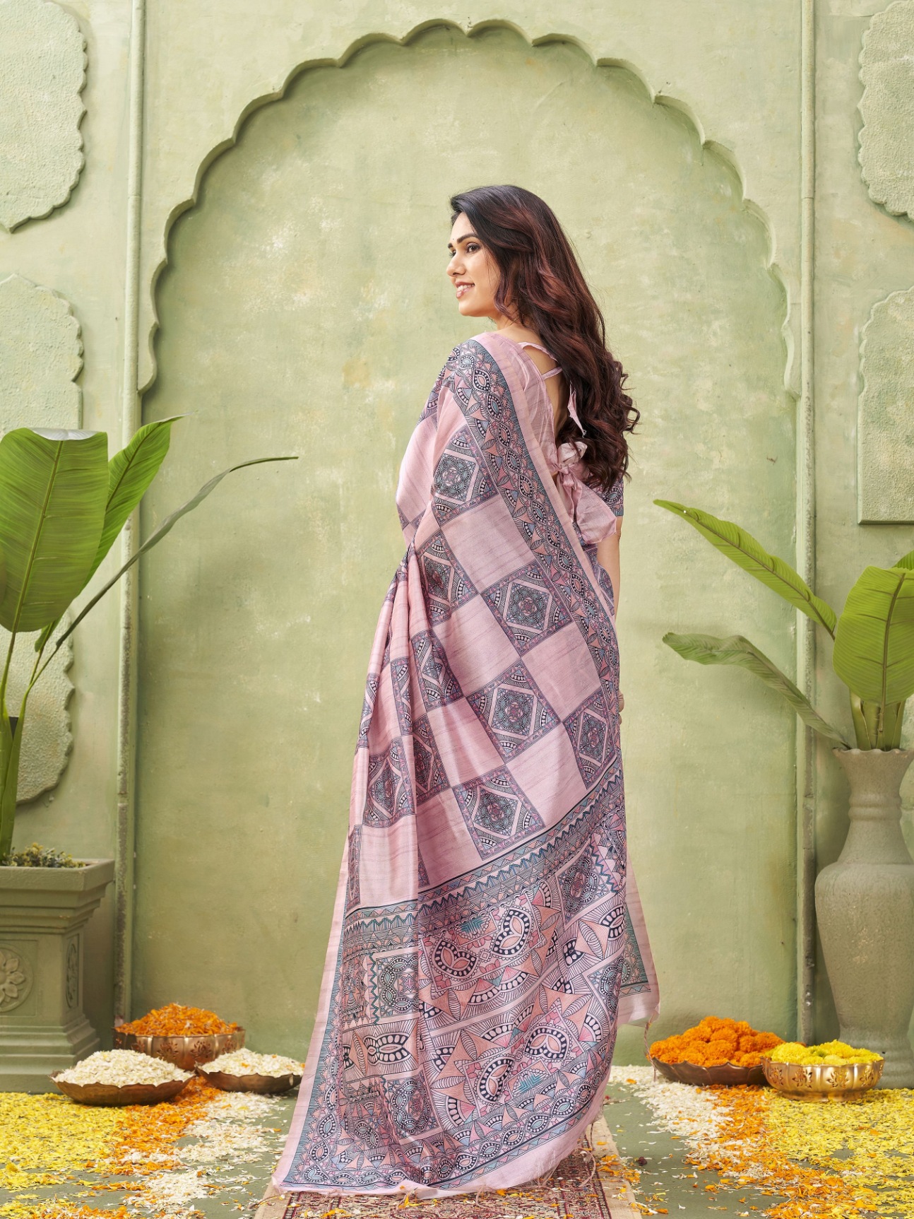 Pink Madhubani Printed Tussar Silk Saree — alternate view