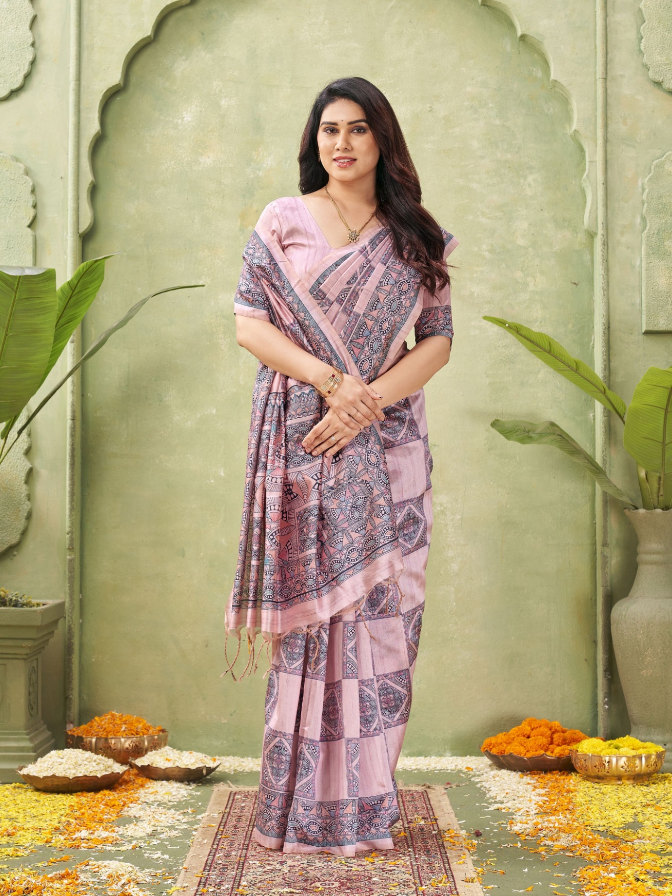 Pink Madhubani Printed Tussar Silk Saree