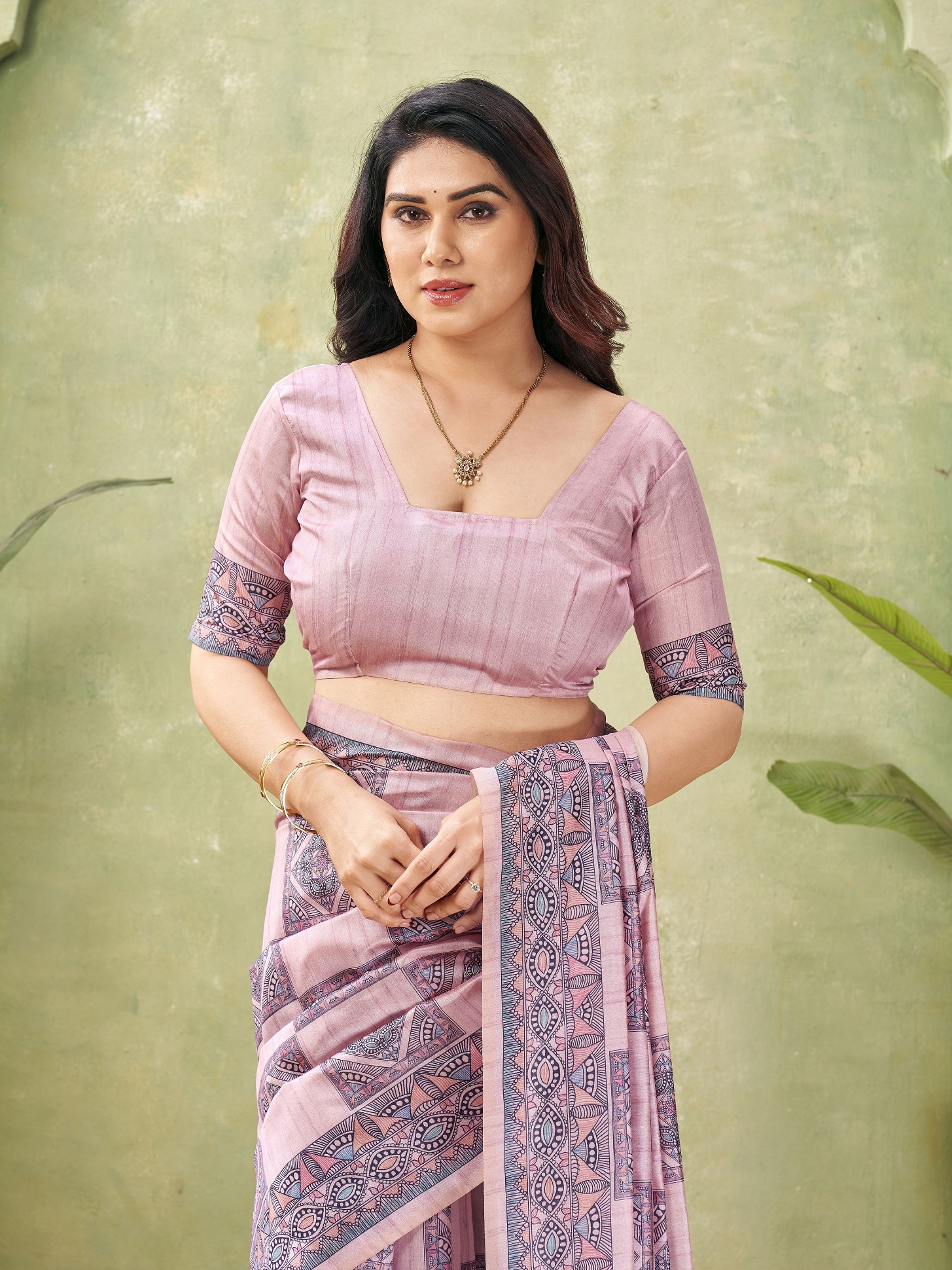 Pink Madhubani Printed Tussar Silk Saree