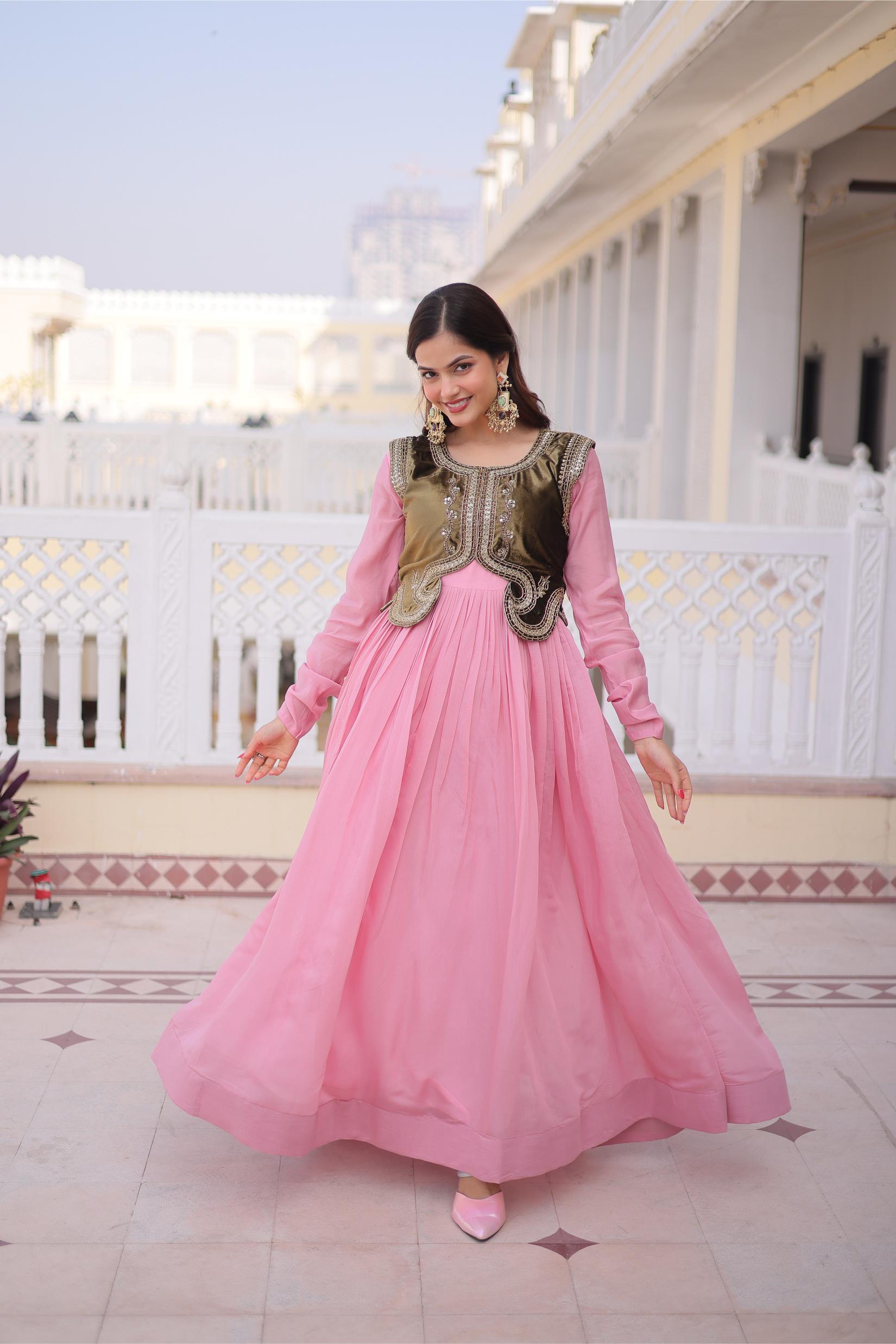 Pink Mal Chanderi Sequin Gown with Ice Velvet Jacket