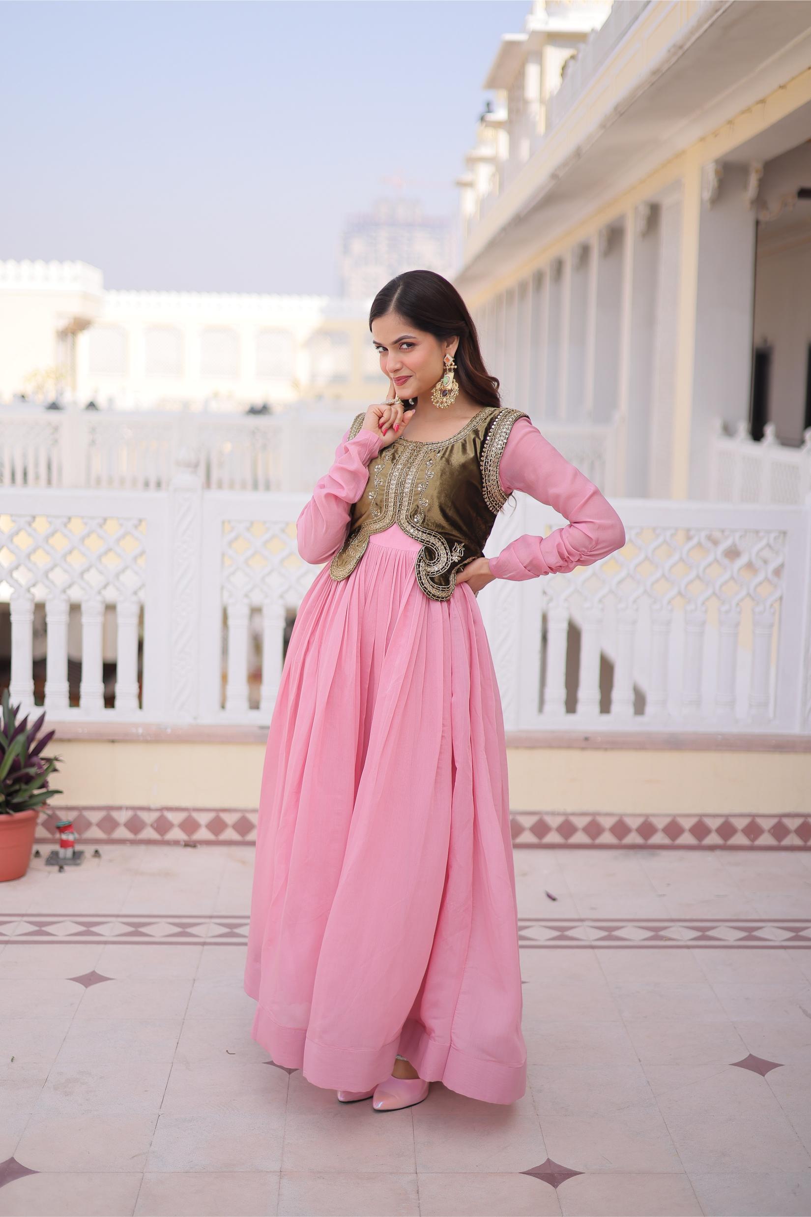 Pink Mal Chanderi Sequin Gown with Ice Velvet Jacket
