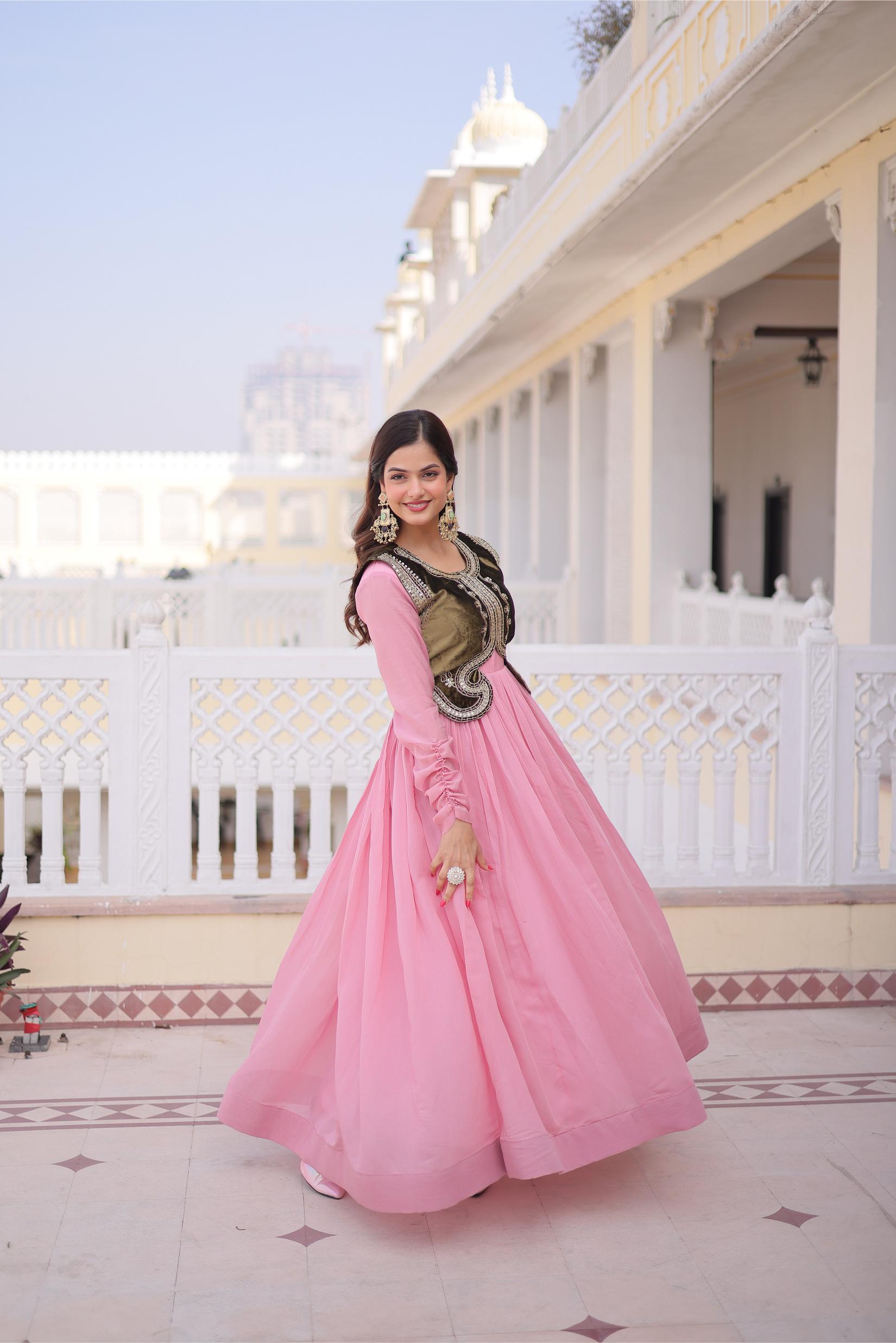 Pink Mal Chanderi Sequin Gown with Ice Velvet Jacket