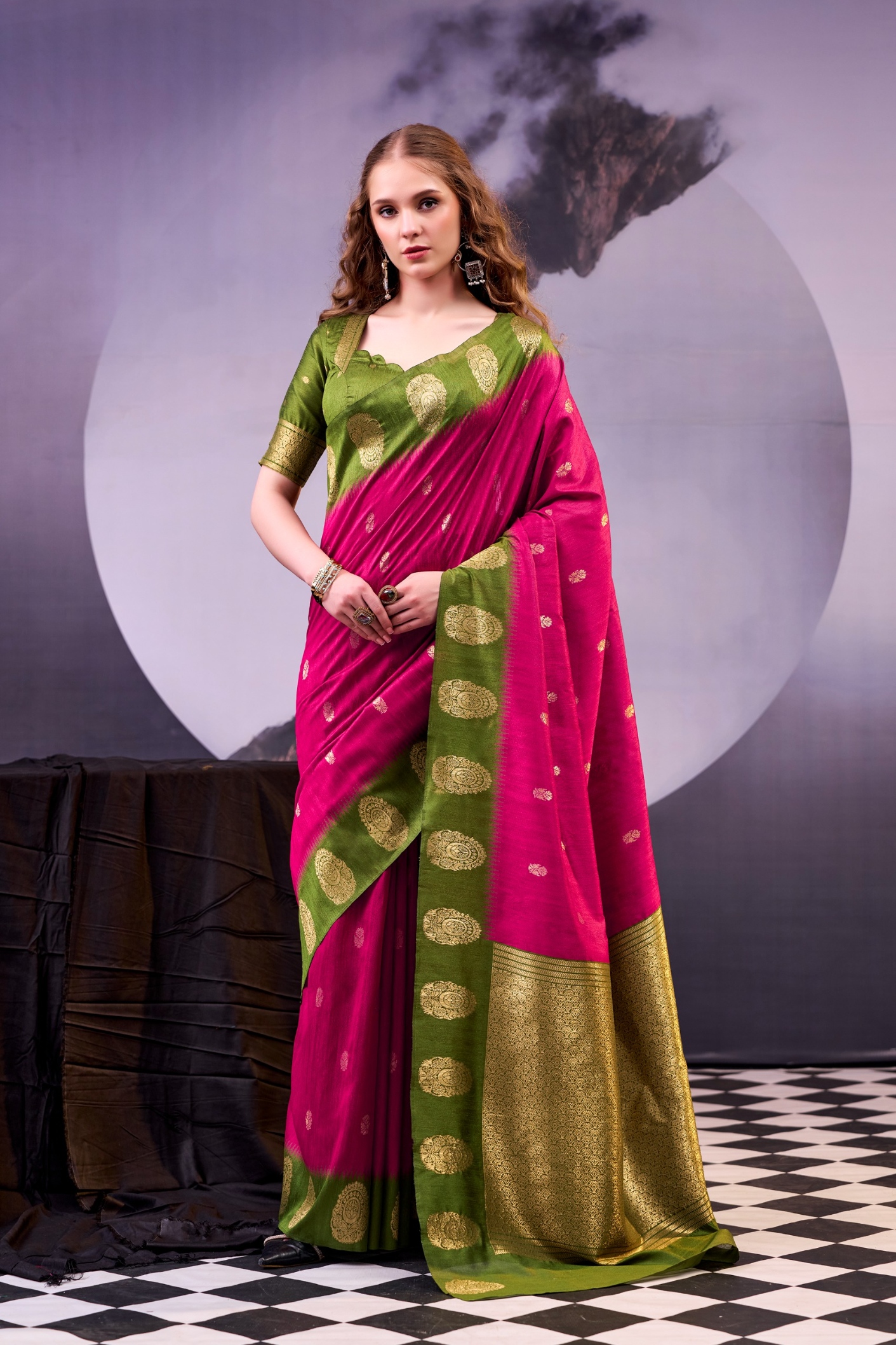 Pink Mehendi Zari Poly Cotton Saree