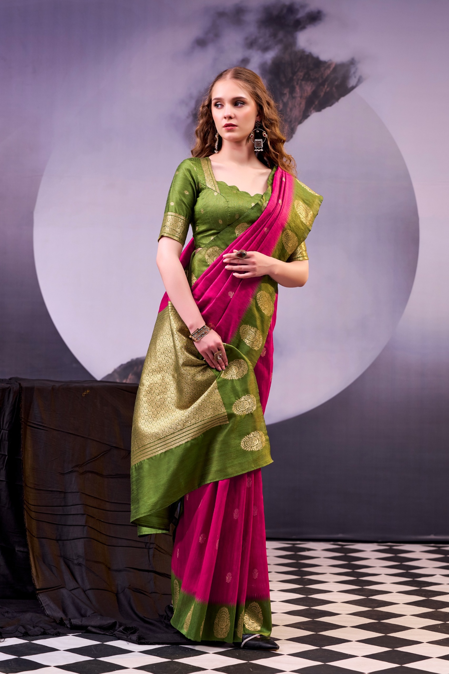 Pink Mehendi Zari Poly Cotton Saree — alternate view