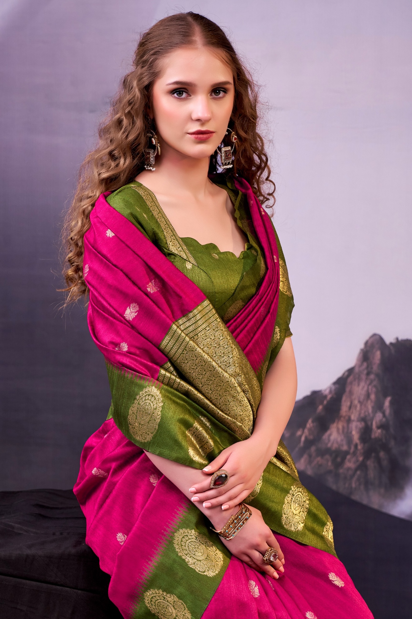 Pink Mehendi Zari Poly Cotton Saree