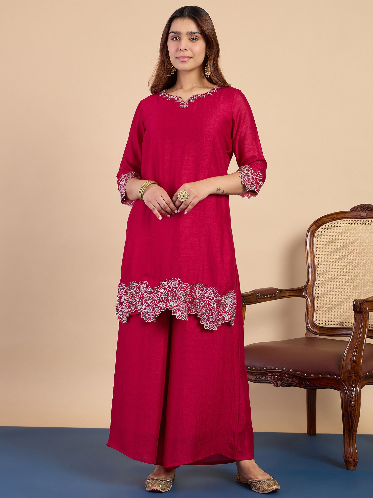 Pink Minimal Embroidered Roman Silk Kurta Set