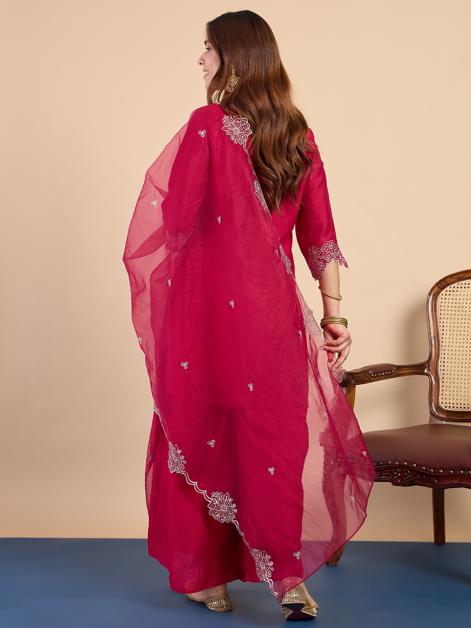 Pink Minimal Embroidered Roman Silk Kurta Set — alternate view