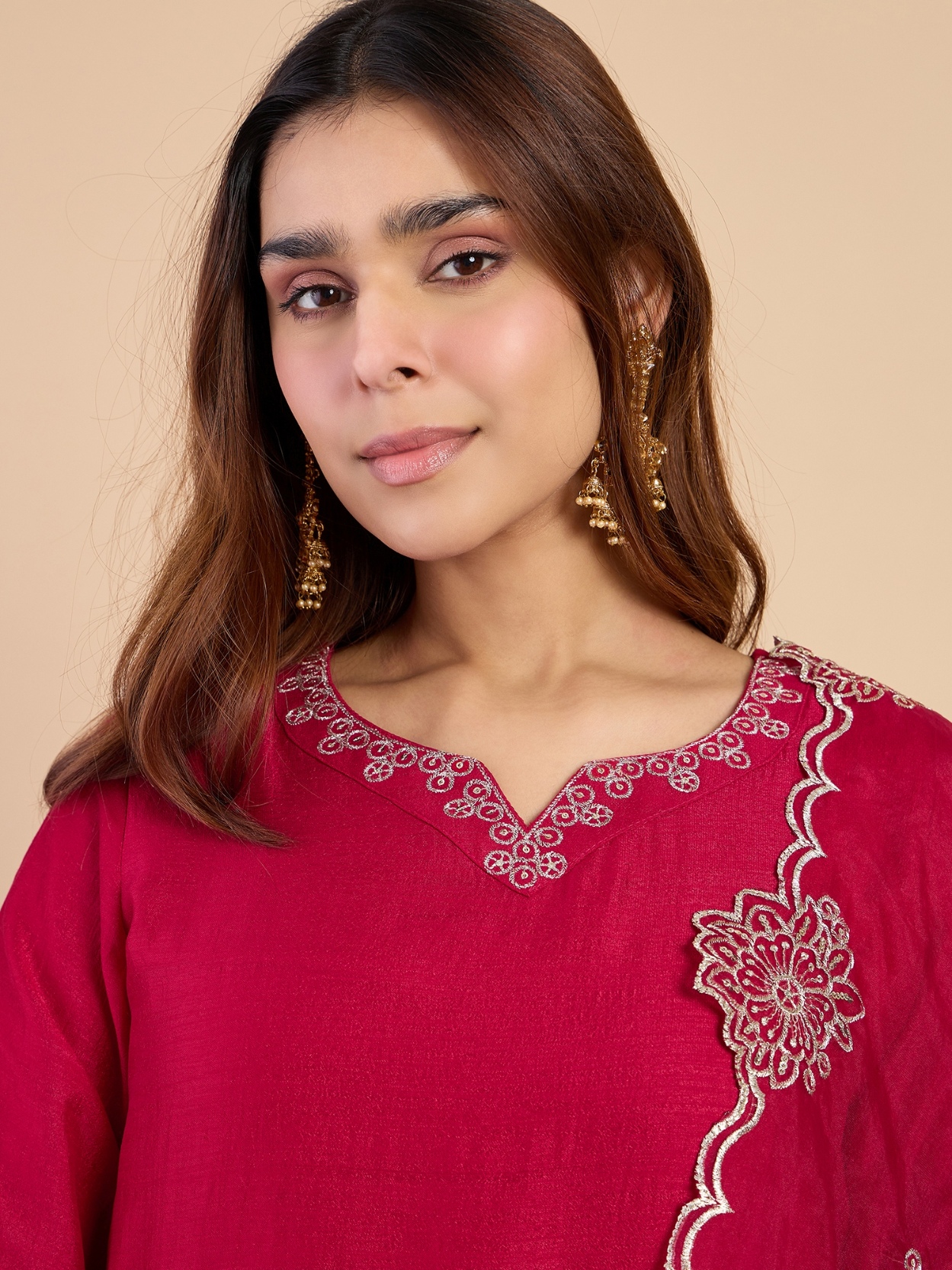 Pink Minimal Embroidered Roman Silk Kurta Set