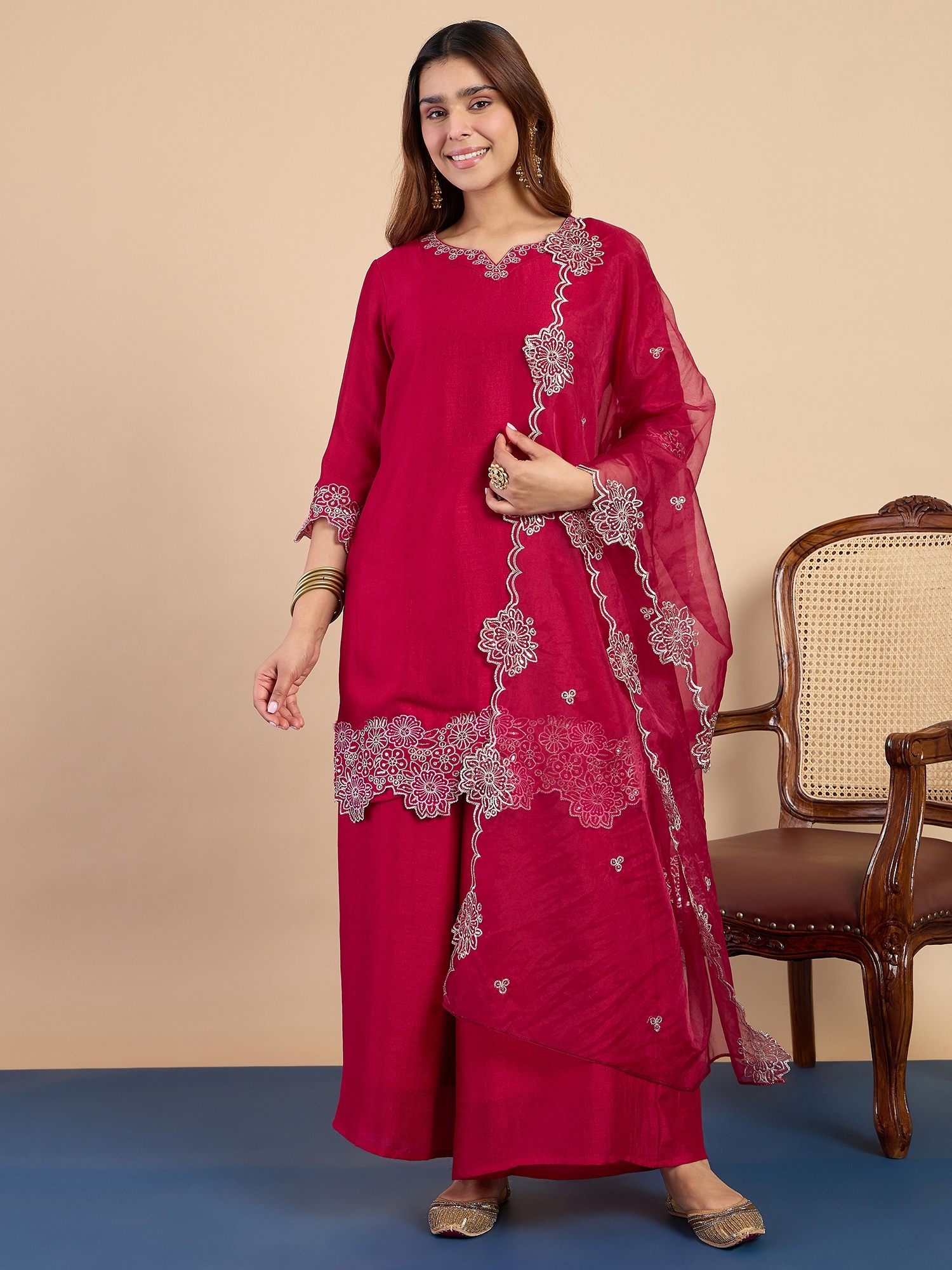 Pink Minimal Embroidered Roman Silk Kurta Set