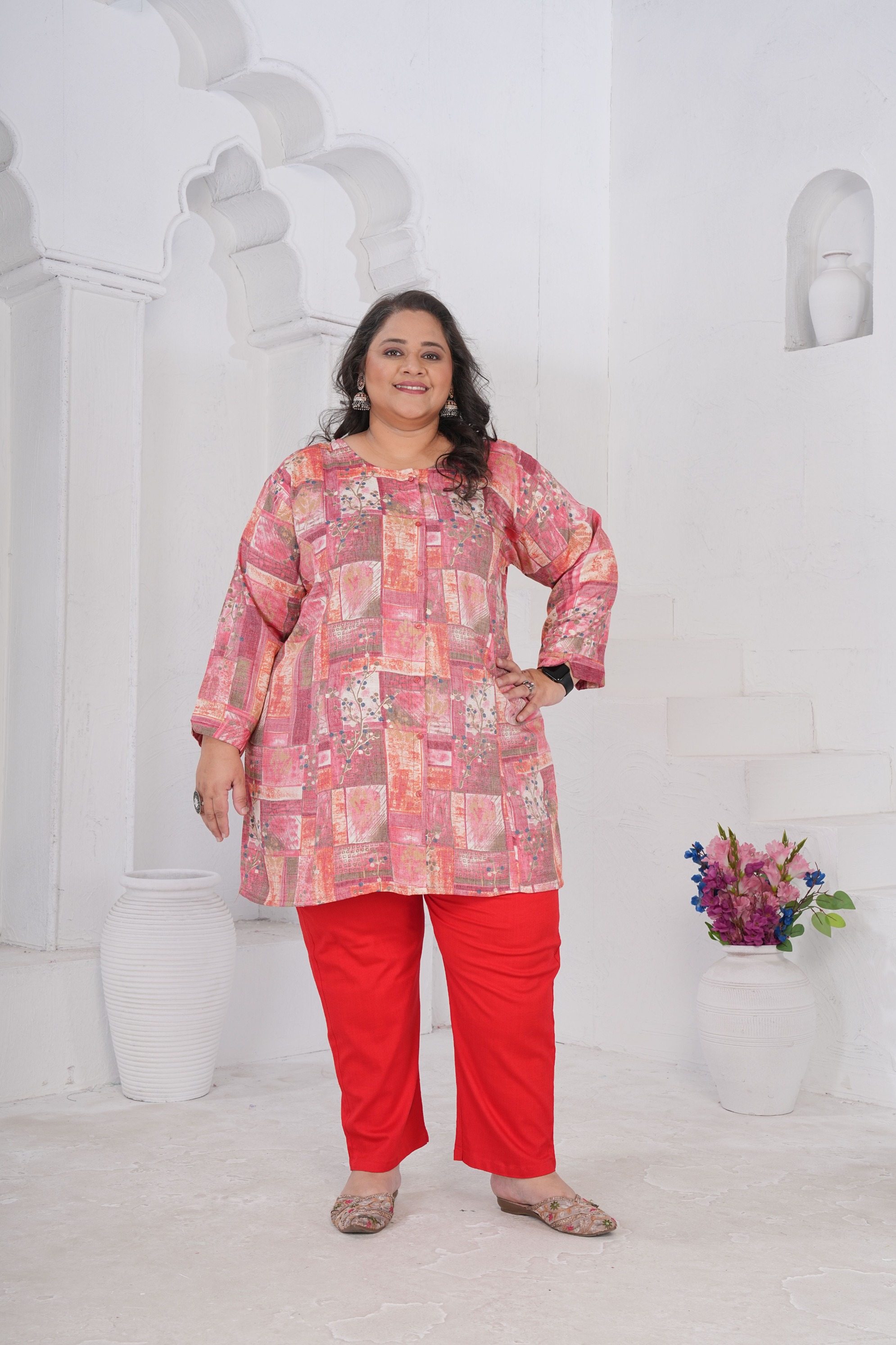 Pink Minimal Floral Rayon Slub Kurti