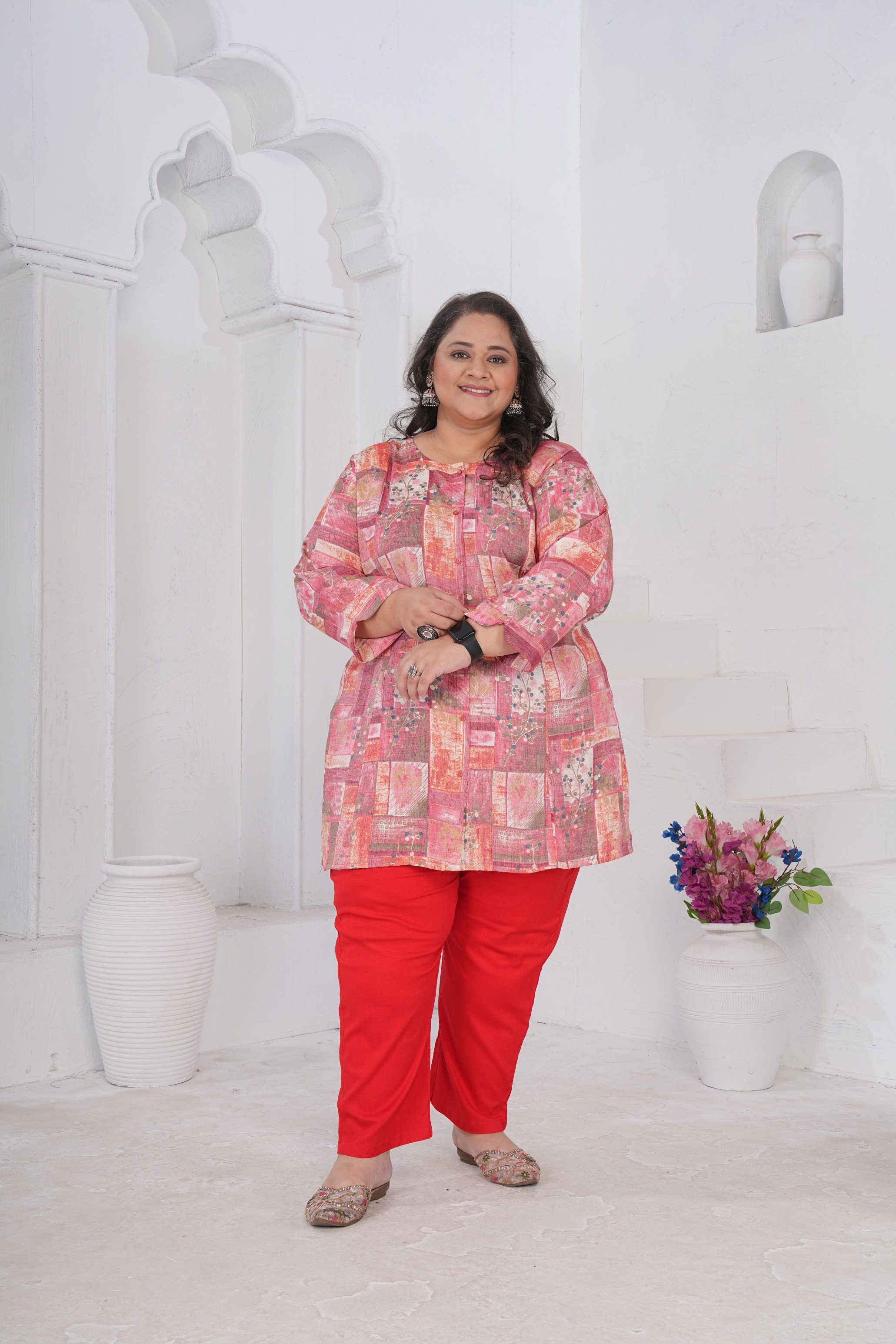 Pink Minimal Floral Rayon Slub Kurti
