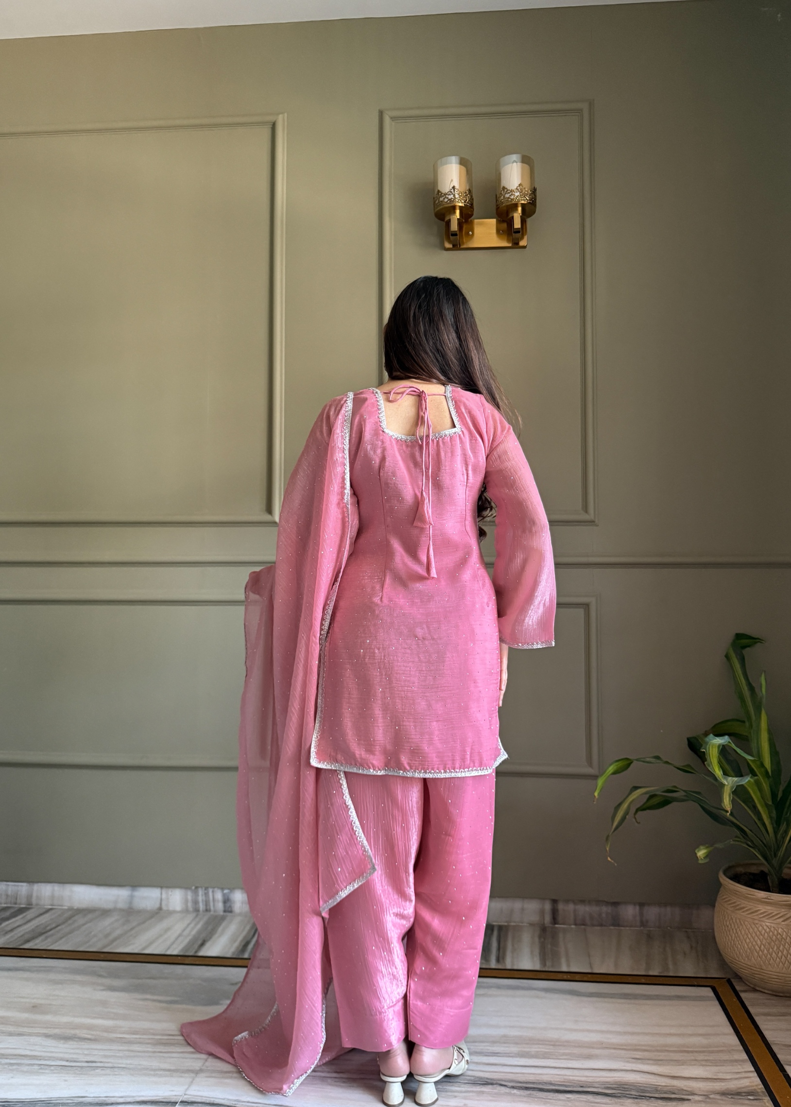 Pink Minimal Swarovski Crunchy Silk Straight Pant Suit — alternate view