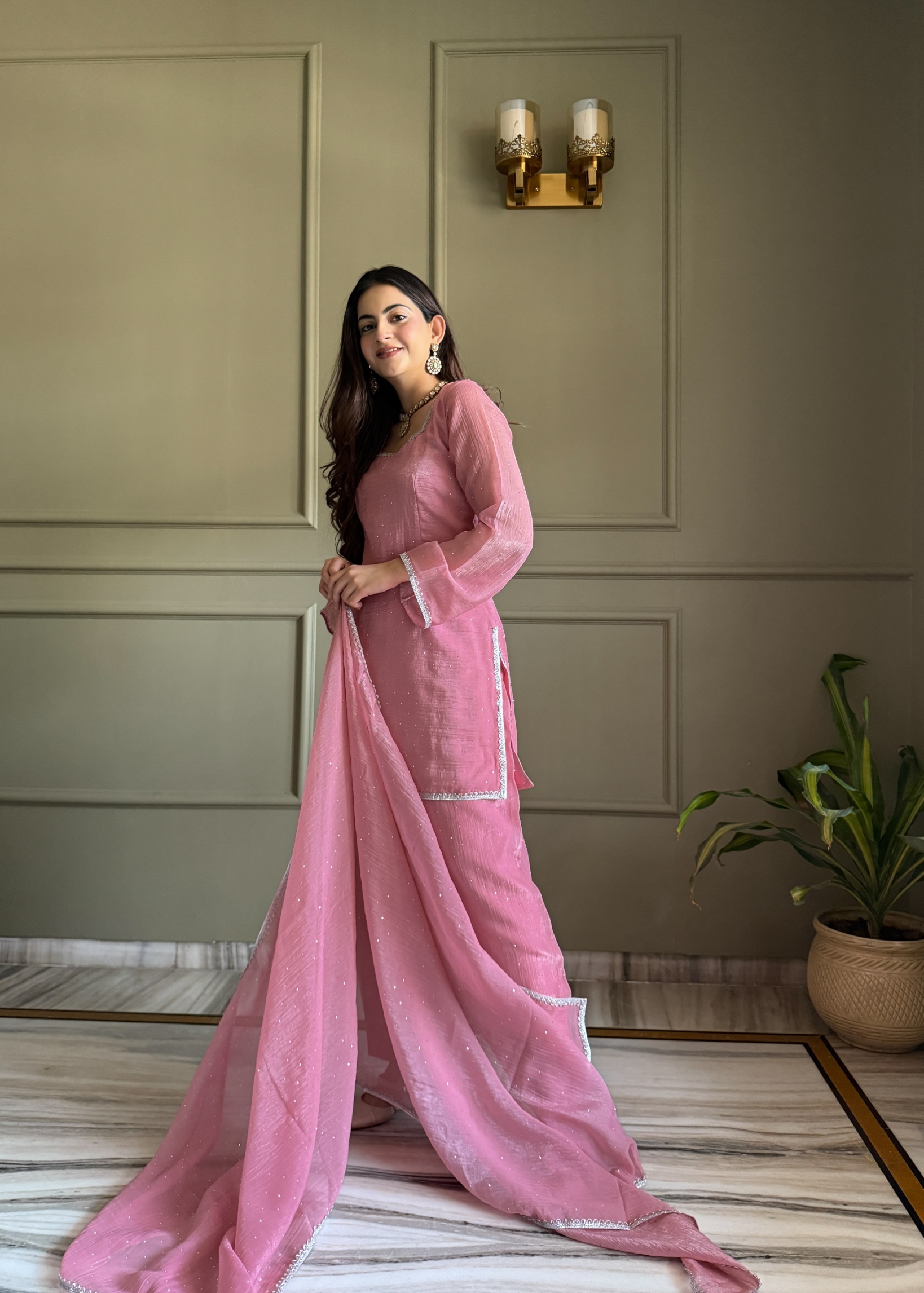 Pink Minimal Swarovski Crunchy Silk Straight Pant Suit