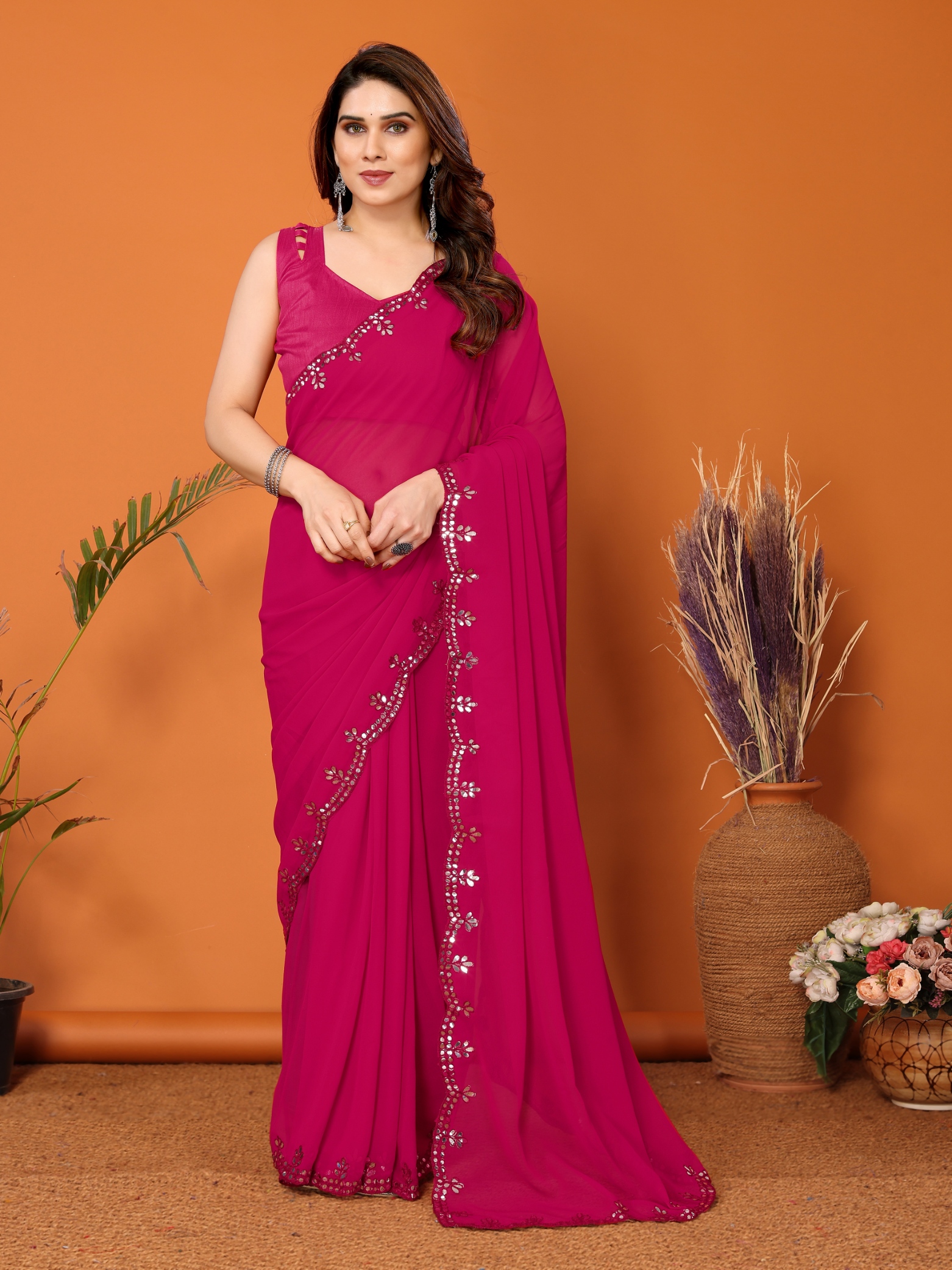 Pink Mirror Work Georgette Saree