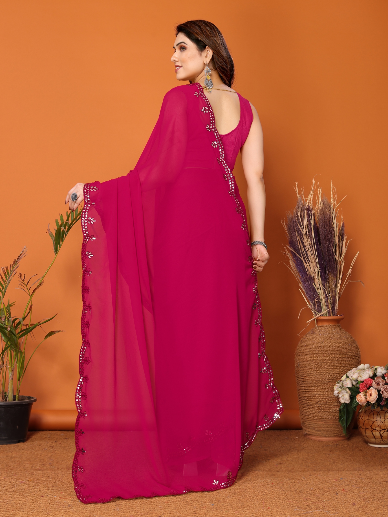 Pink Mirror Work Georgette Saree — alternate view