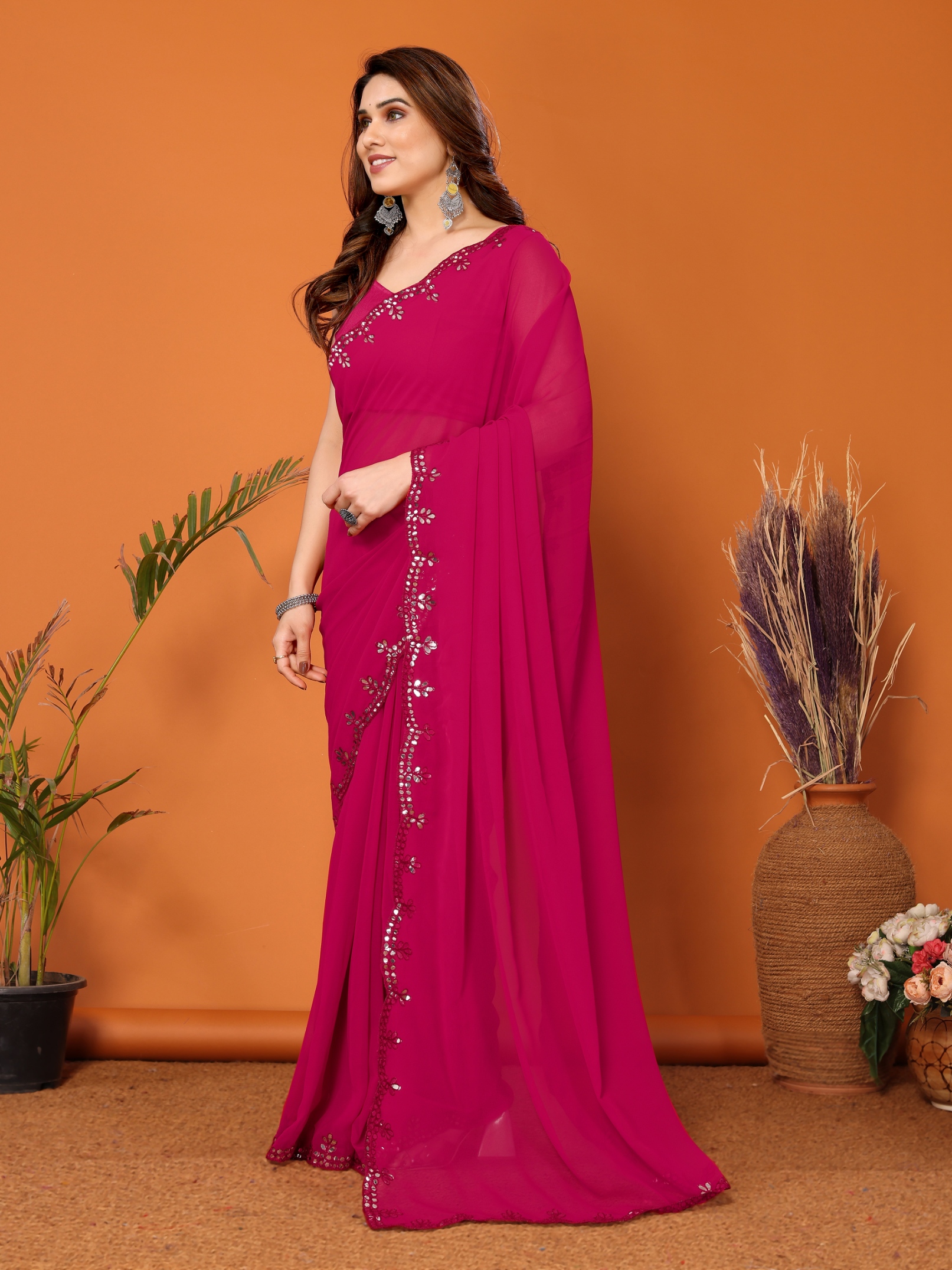 Pink Mirror Work Georgette Saree
