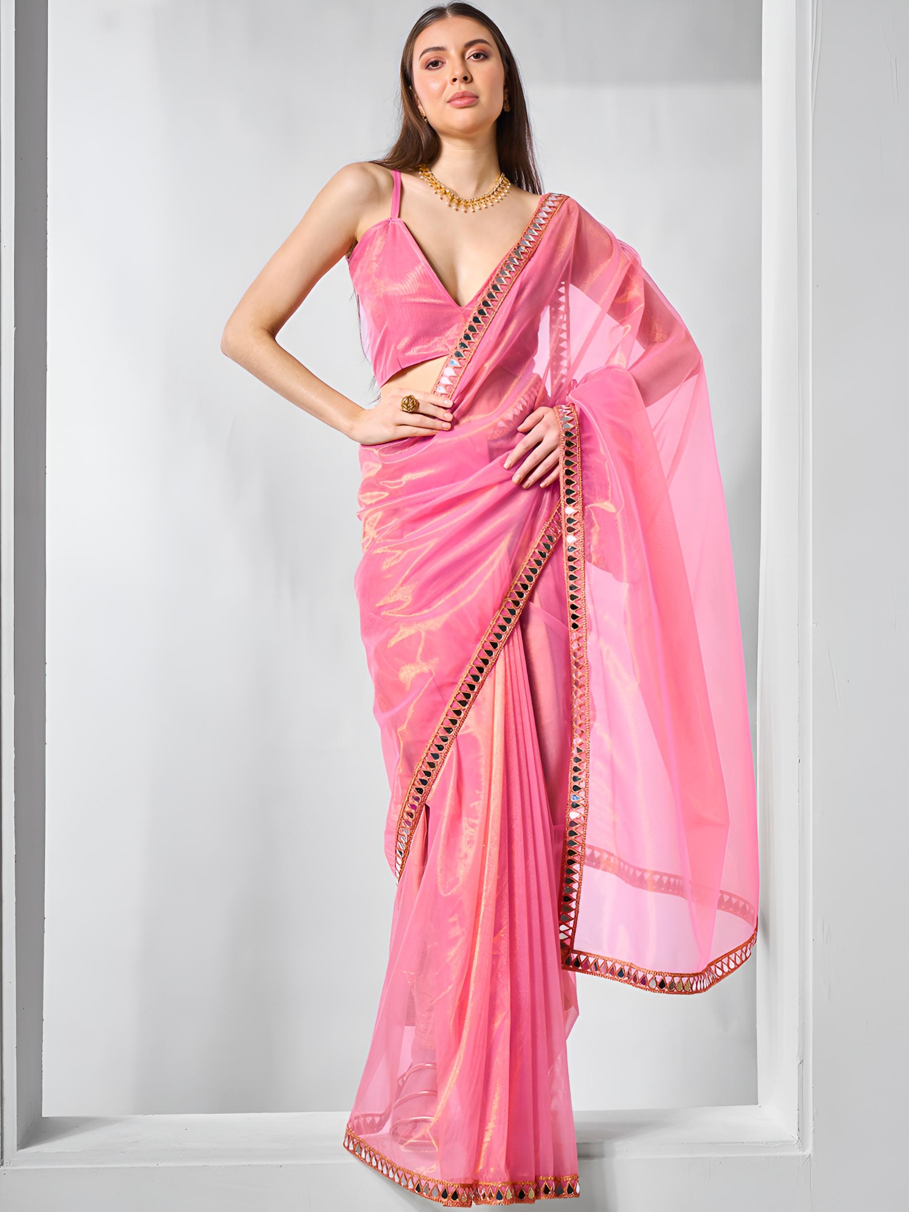 Pink Mirror Work Gold Twill Net Saree with Lace Coding
