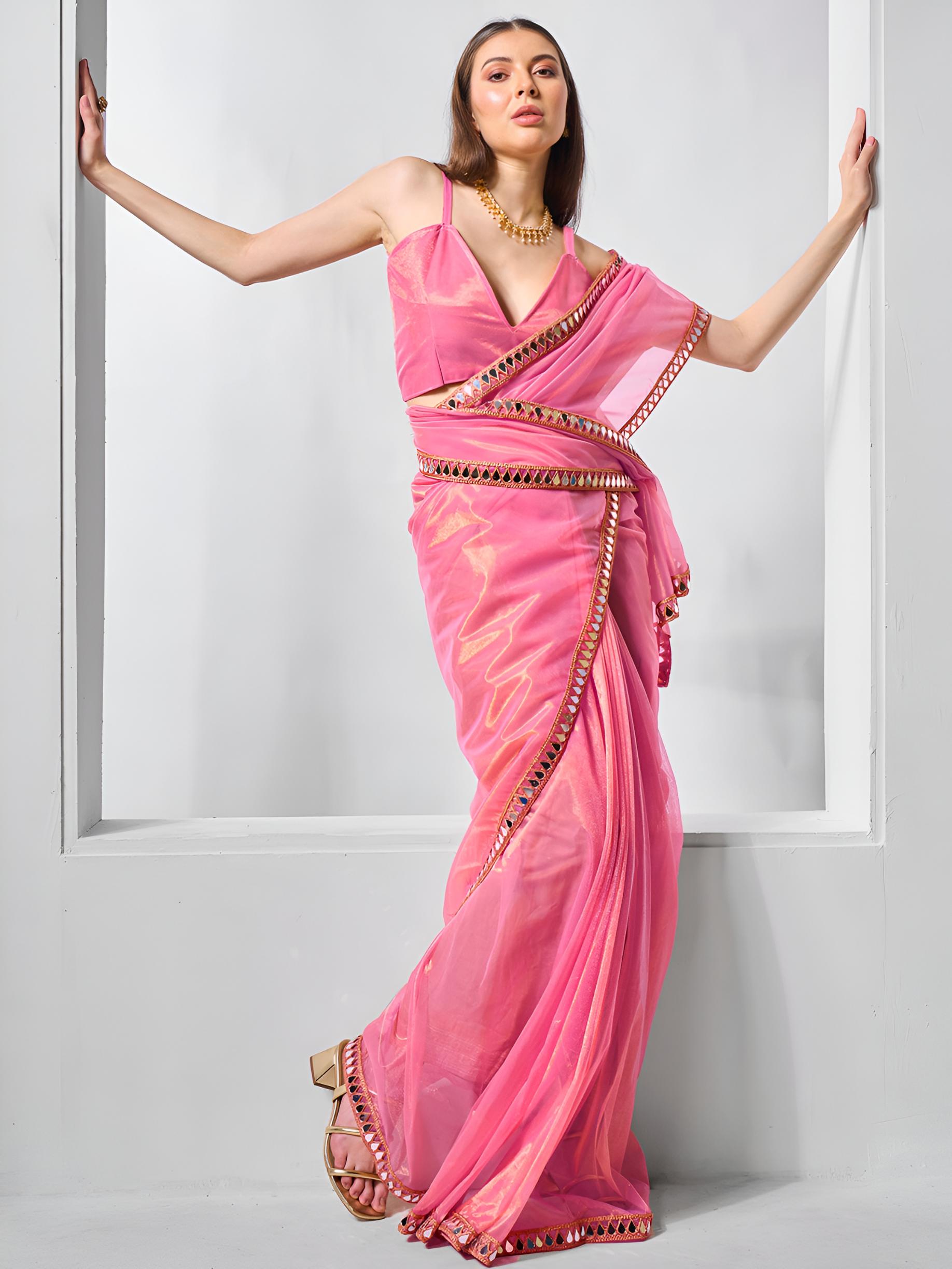 Pink Mirror Work Gold Twill Net Saree with Lace Coding — alternate view