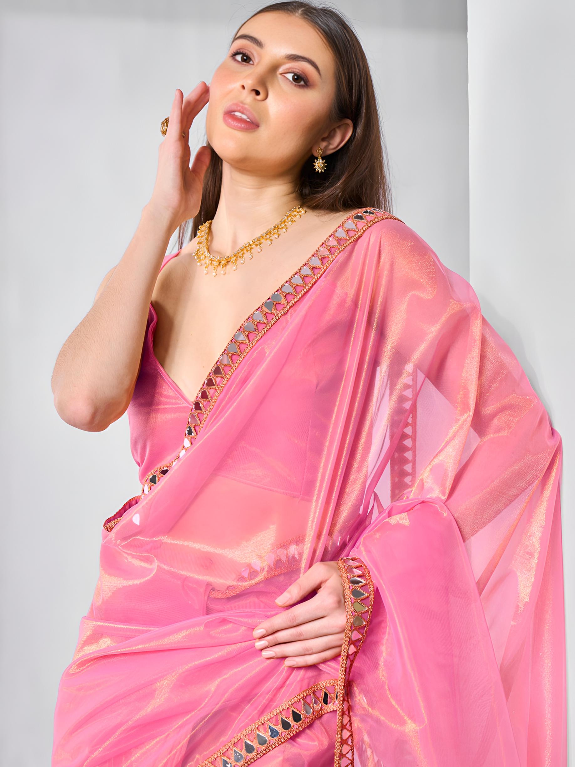 Pink Mirror Work Gold Twill Net Saree with Lace Coding