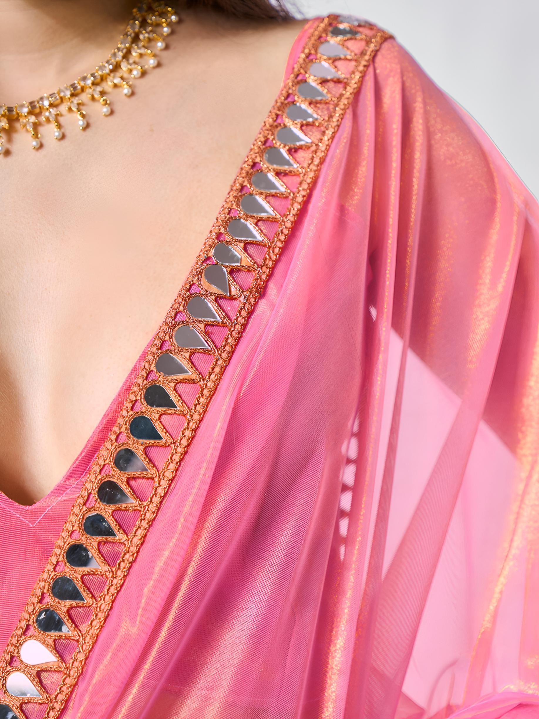 Pink Mirror Work Gold Twill Net Saree with Lace Coding