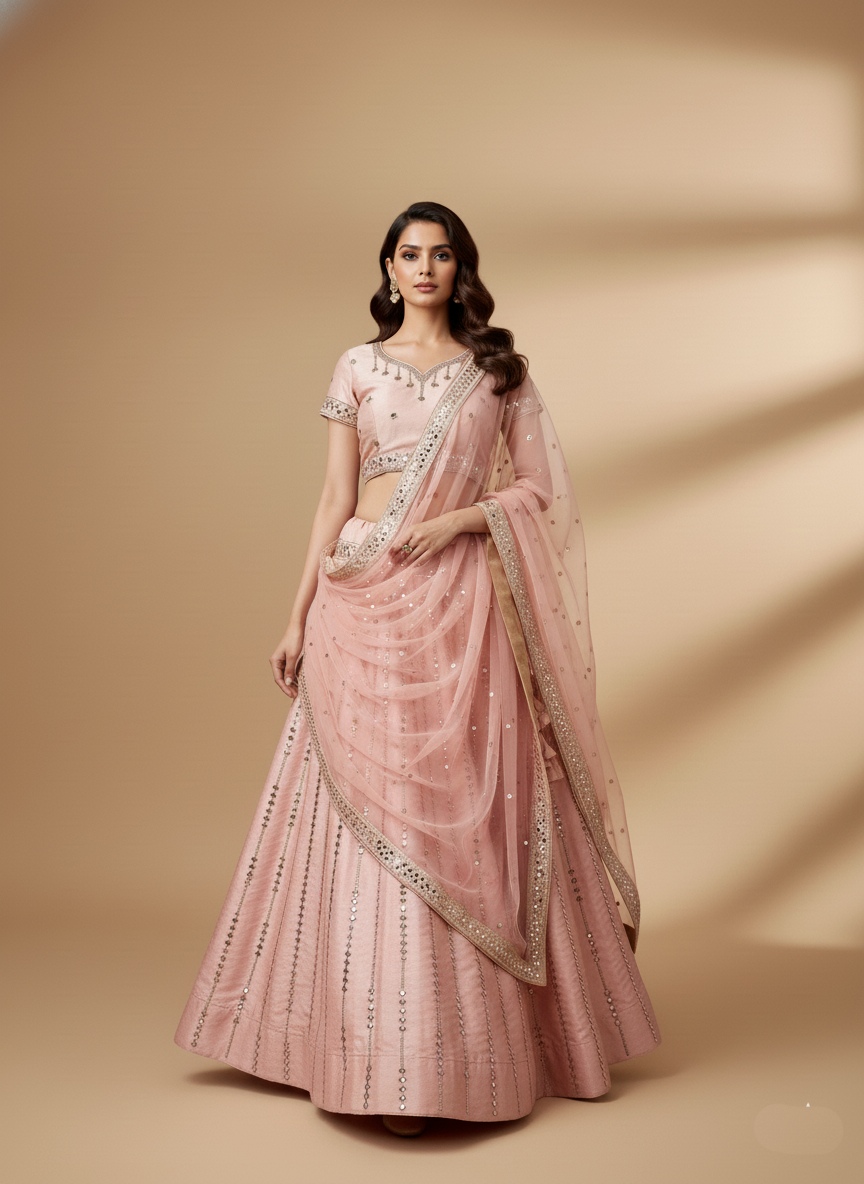 Pink Mirror Work Silk Flared Lehenga Set
