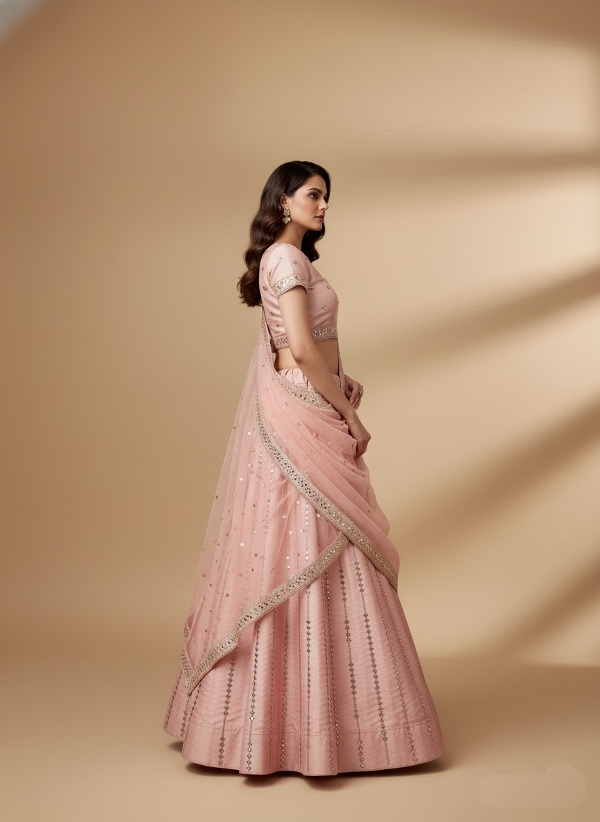 Pink Mirror Work Silk Flared Lehenga Set — alternate view