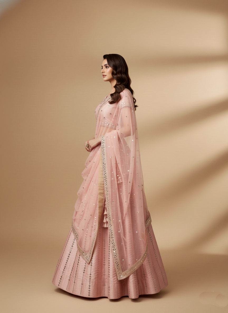 Pink Mirror Work Silk Flared Lehenga Set