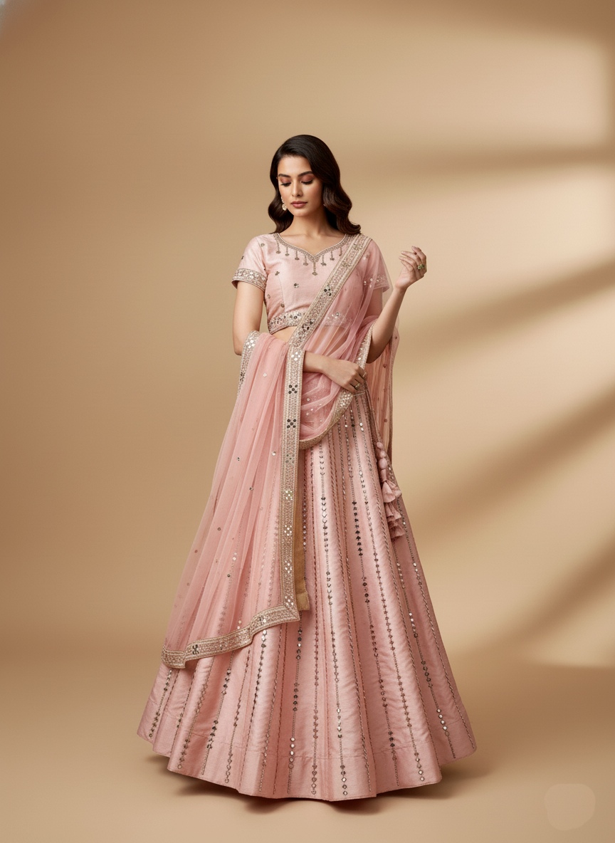 Pink Mirror Work Silk Flared Lehenga Set