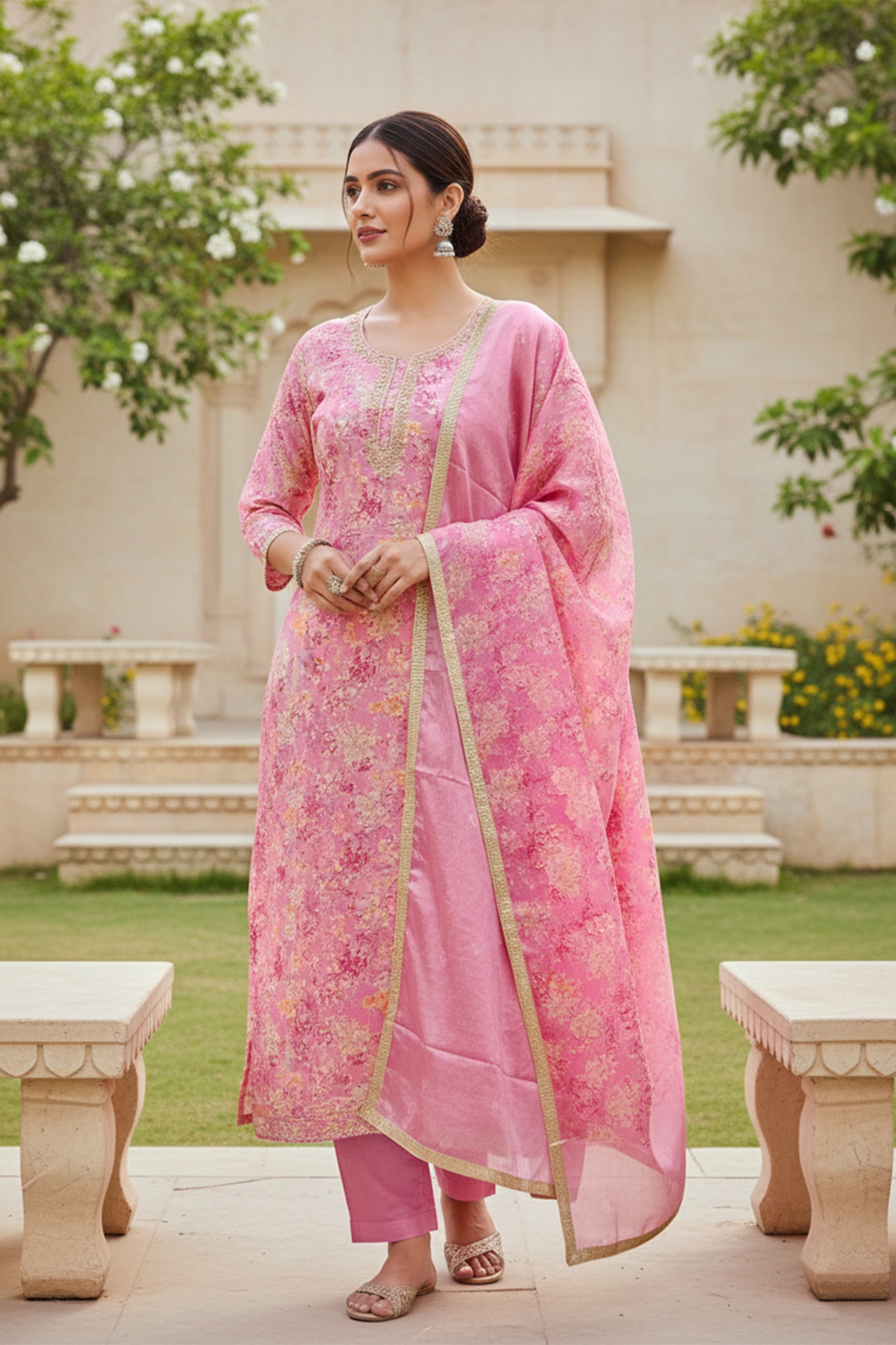 Pink Modal Silk Printed Salwar Suit