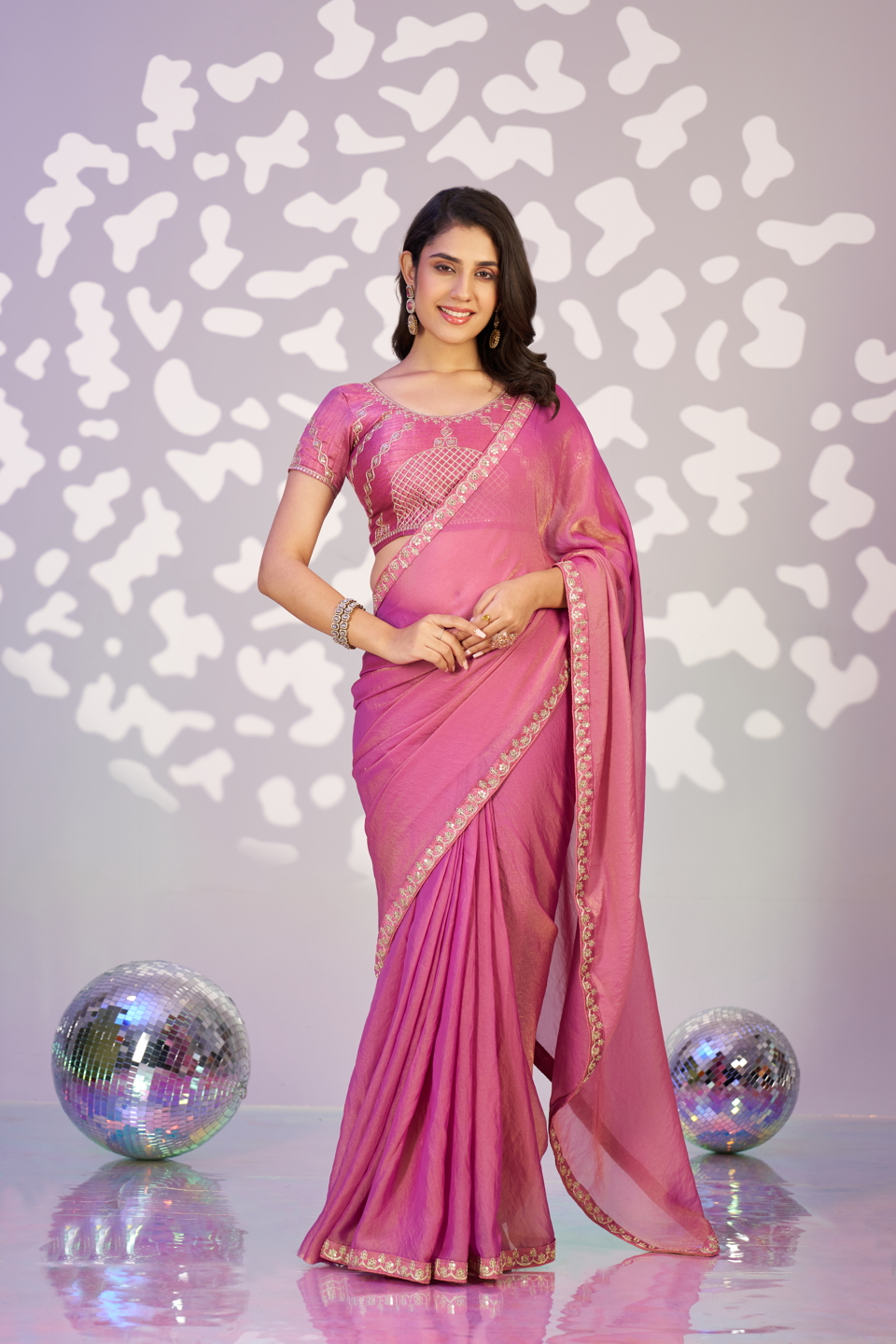 Pink Moss Chiffon Ready-to-Wear Saree