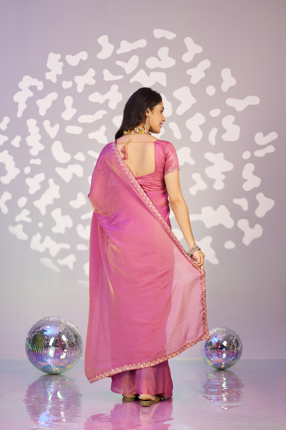 Pink Moss Chiffon Ready-to-Wear Saree — alternate view