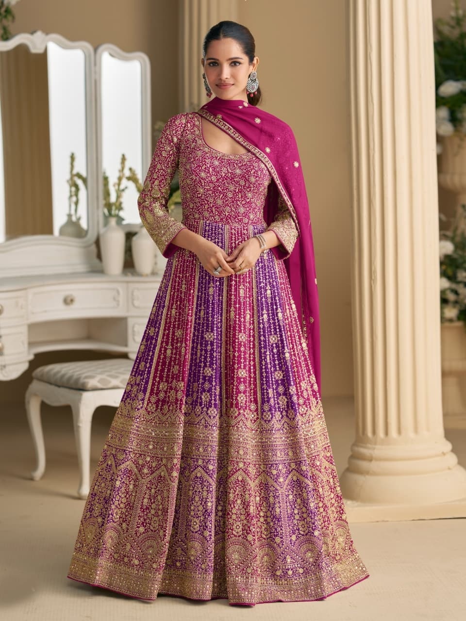 Pink Mughal Embroidered Georgette Anarkali Gown