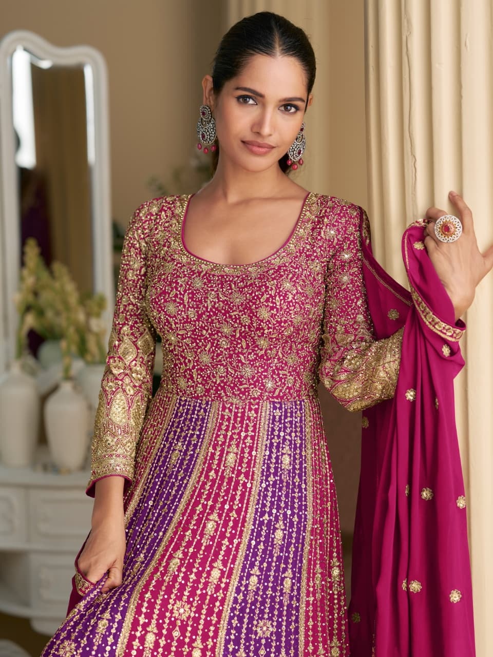 Pink Mughal Embroidered Georgette Anarkali Gown — alternate view