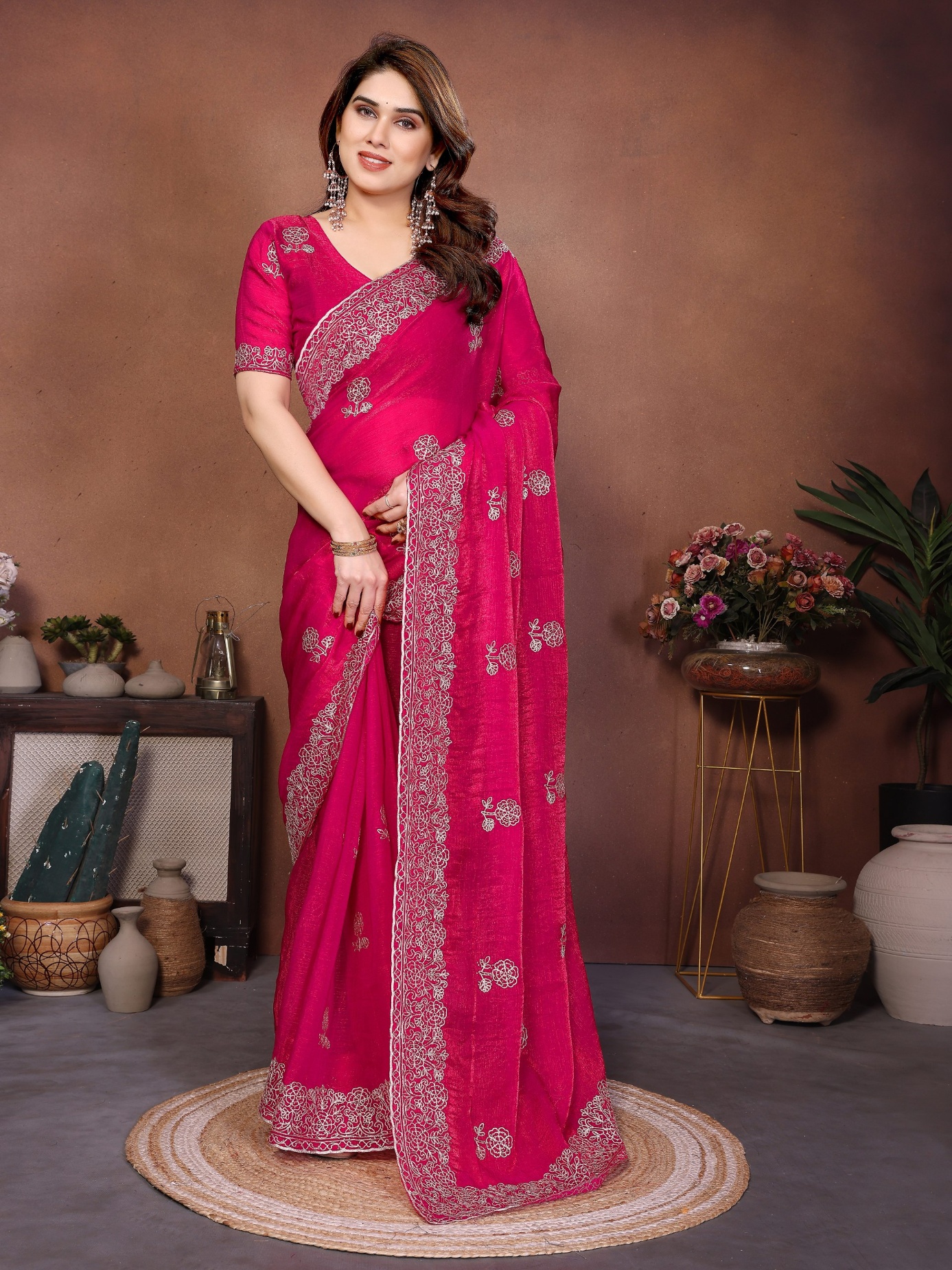 Pink Mughal Embroidery Fendy Chiffon Silk Saree