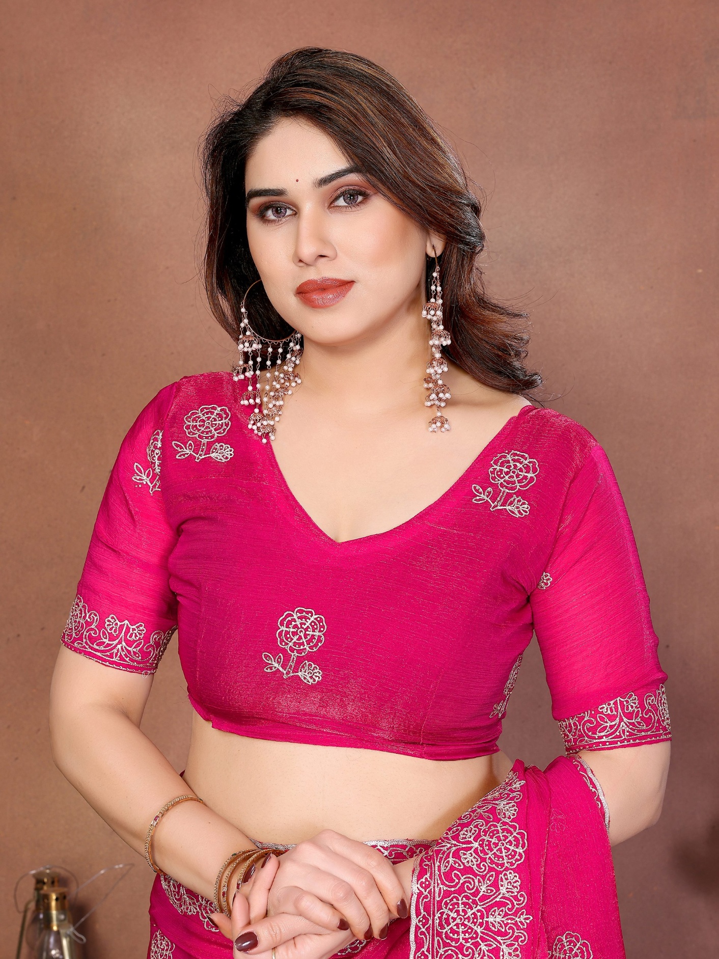 Pink Mughal Embroidery Fendy Chiffon Silk Saree