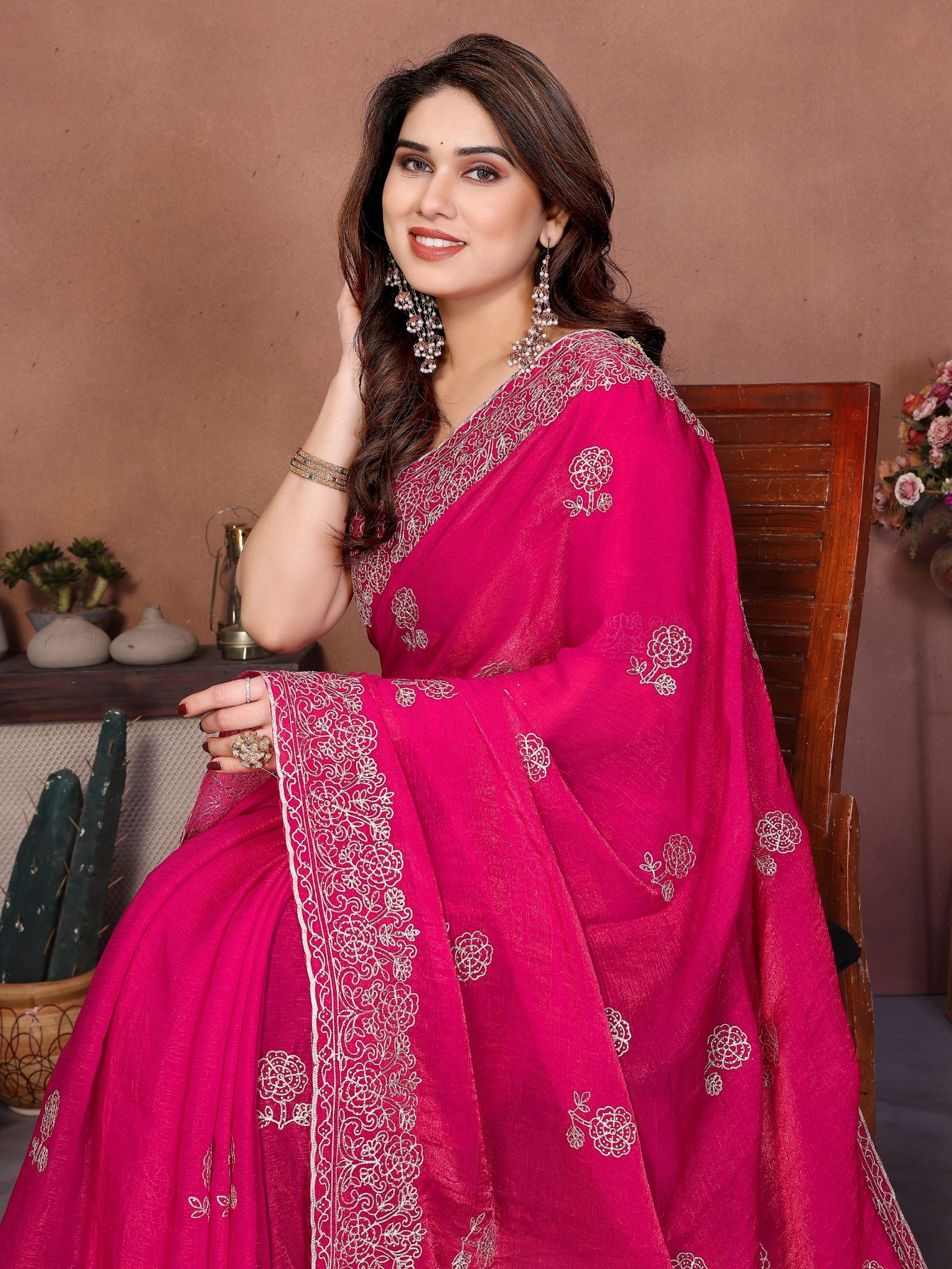 Pink Mughal Embroidery Fendy Chiffon Silk Saree