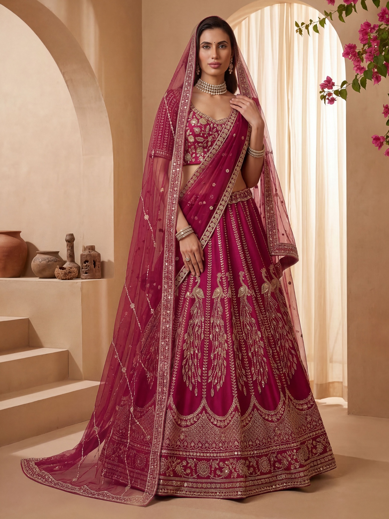Pink Multi Thread Embroidered Gadhwal Silk Lehenga Choli