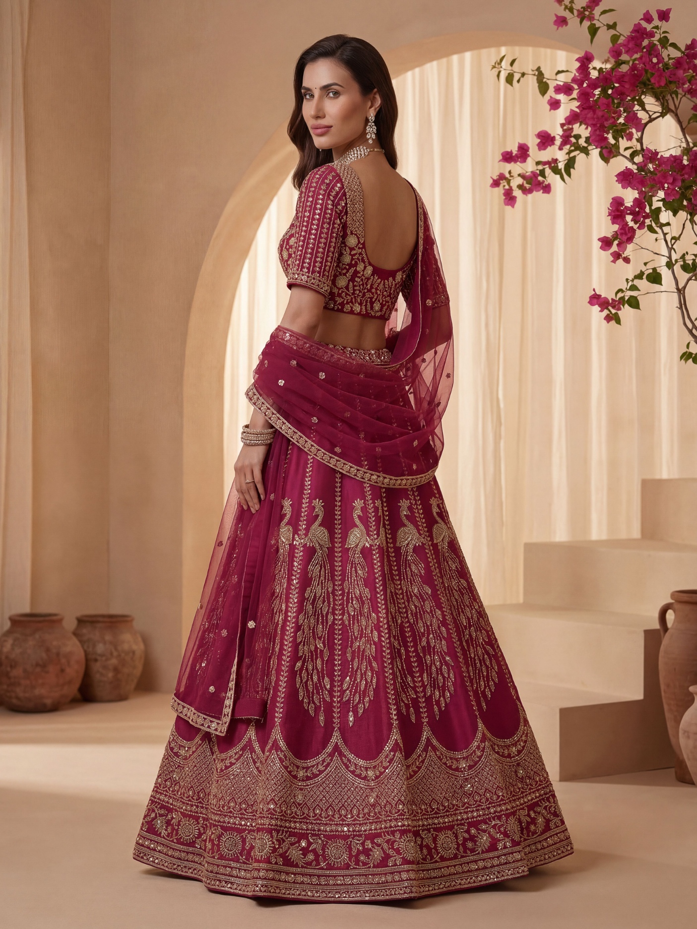 Pink Multi Thread Embroidered Gadhwal Silk Lehenga Choli — alternate view