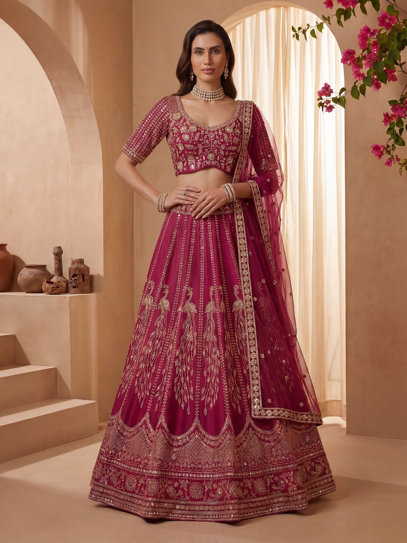 Pink Multi Thread Embroidered Gadhwal Silk Lehenga Choli
